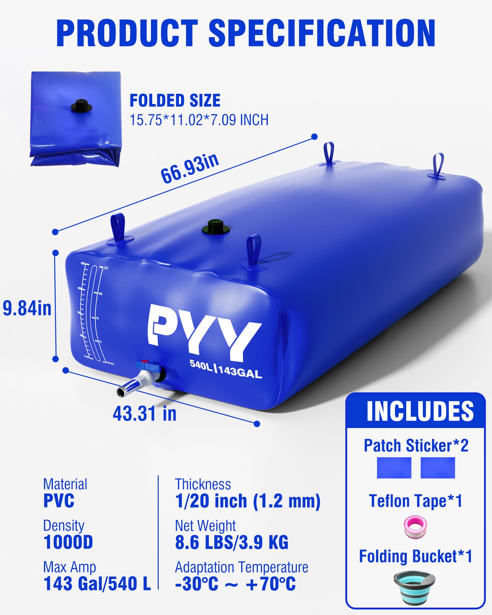 PYY Portable Water Bladder 143 Gallon for Truck Bed,Carrier Cart, Large Water Bob Bathtub Emergency Water Bladder for Outdoor RV & Car Camping,Water Storage Bladder with Spigot,Overflow Kit-Blue 540L