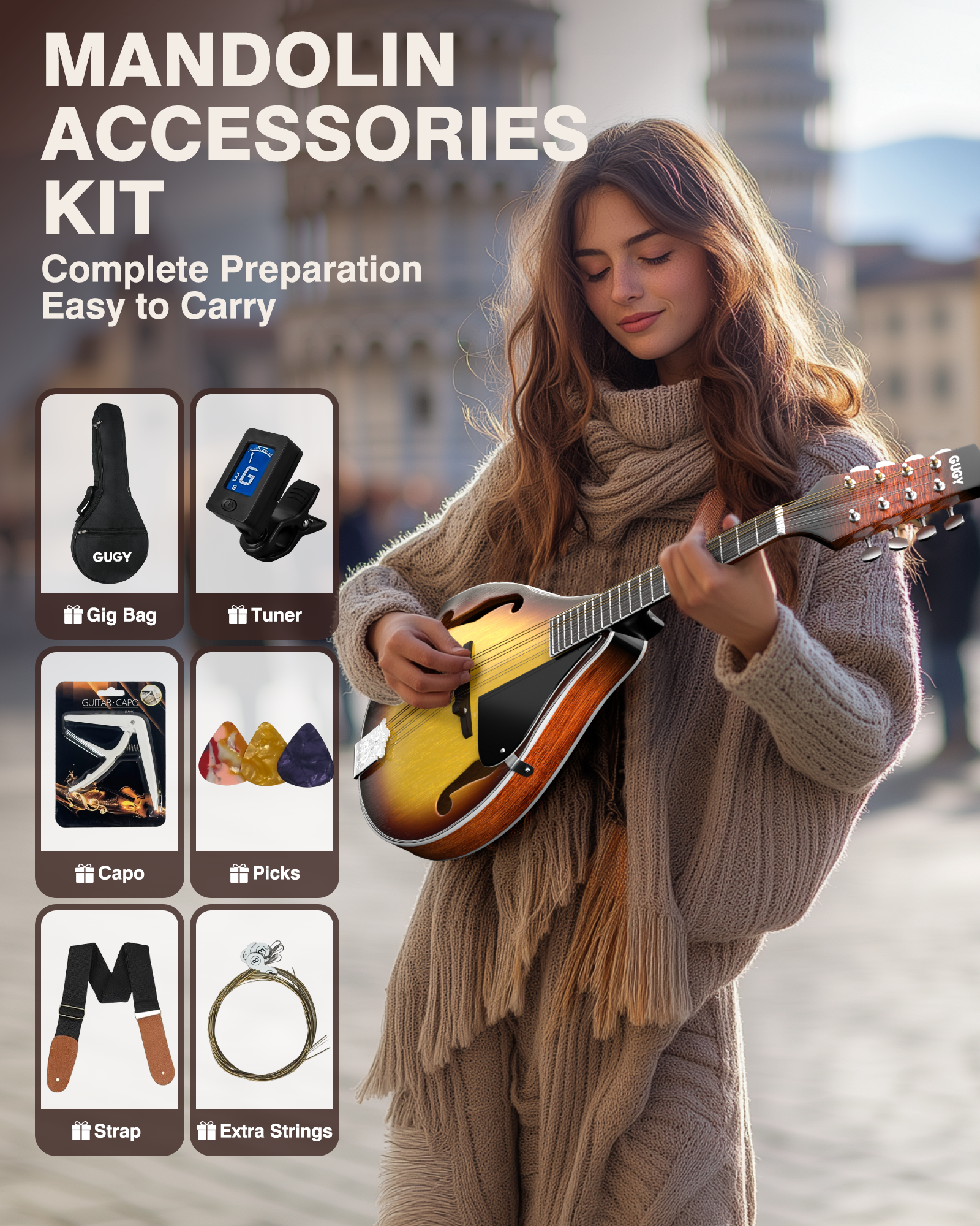 Mandolin Instrument - A Style 8-Strings Mandolin Musical Instrument 27 Inch Mandolins for Beginners Starter Kit with Gig Bag, Spare Strings, Digital Tuner, Capo, 3 Picks, Strap