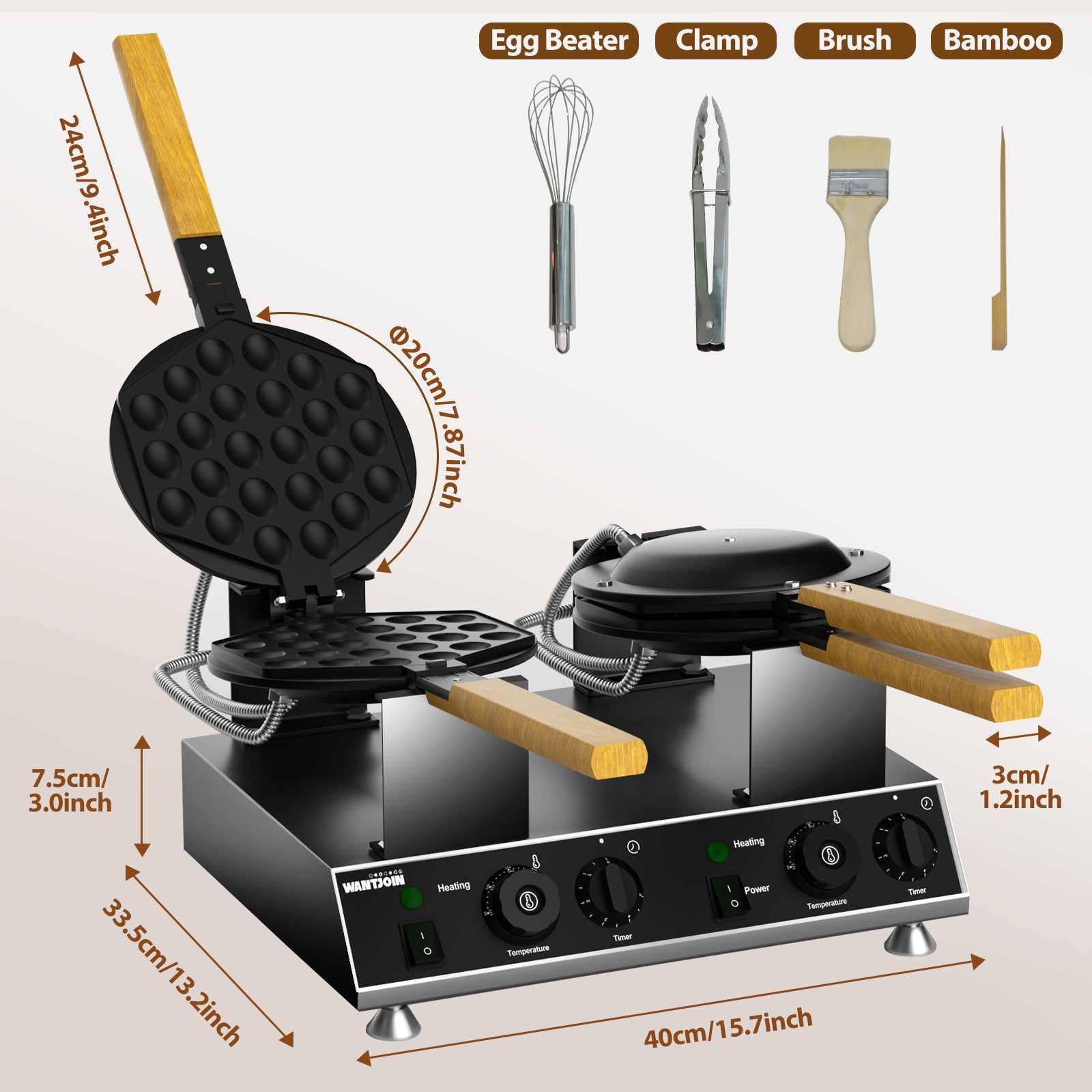 PYY Bubble Waffle Maker - Easy Clean，Double 180° Rotate, Non-stick, 1500W, 110V, 50-250℃, Commercial & Home Use, Stainless Steel