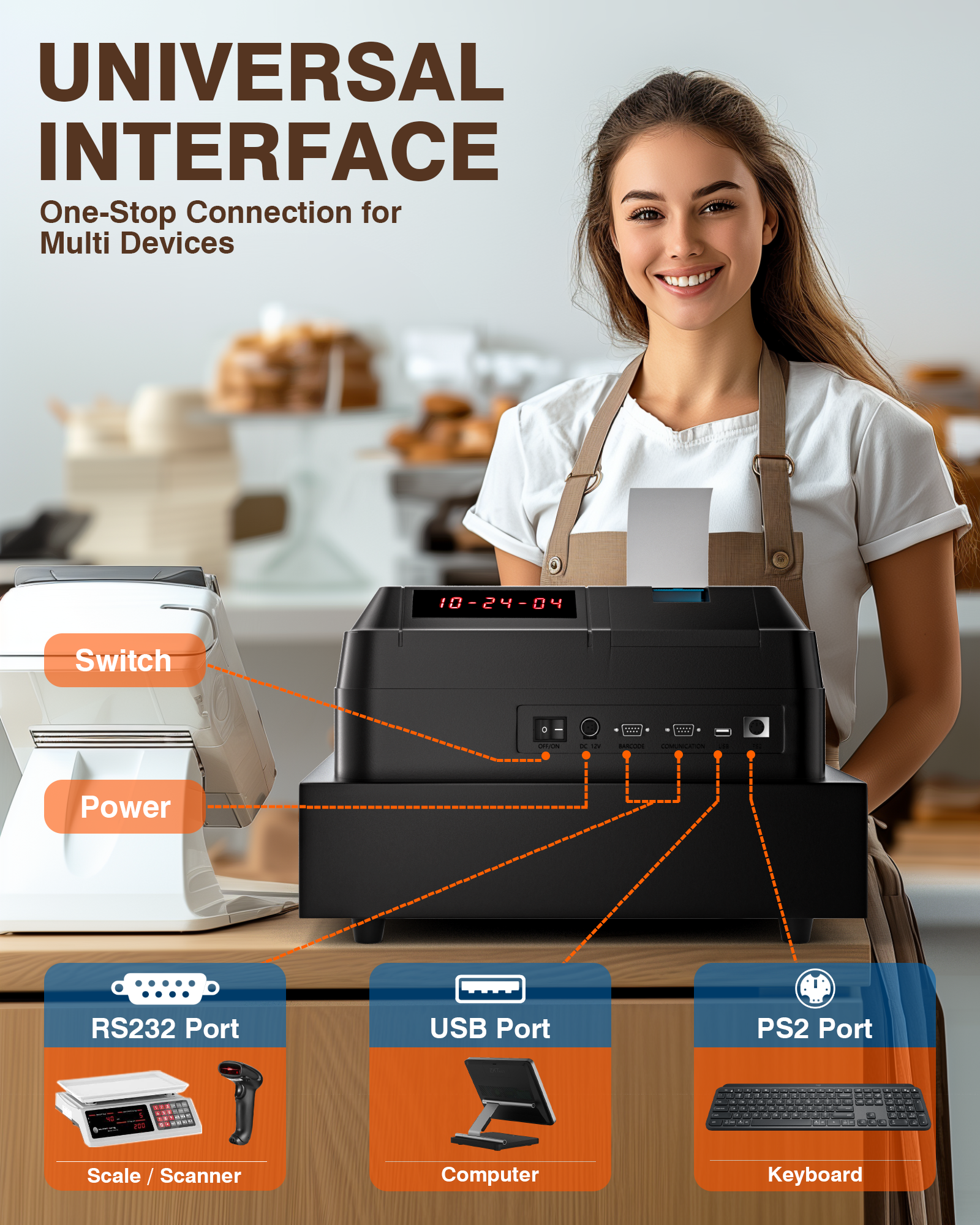 PYY Cash Register for Small Businesses - Electronic Commercial Caja Registradora para Negocio with Lock Cash Drawer Box, 48 Keys, 8 Digital Dual Display for Retail Restaurant Supermarket