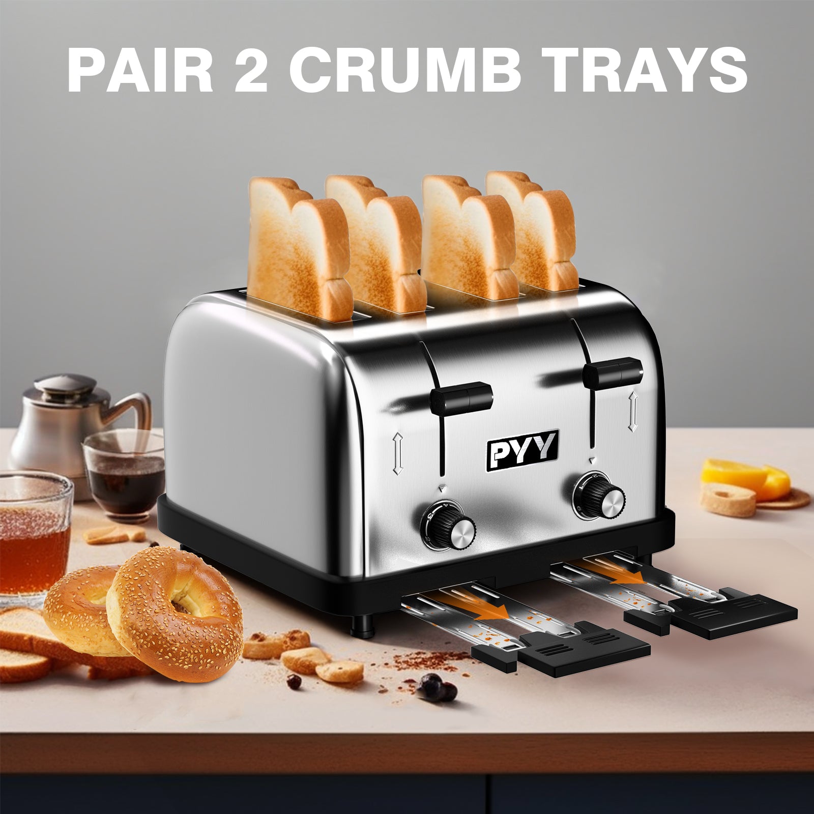 PYY 4 Slices Toaster Commercial - 225 Slices/Hour 1800W Pop Up Wide Slots 1.57 inch Stainless Steel 6-Level Setting, with Removable Crumb Tray, Bread, Bagels, Breakfast, Texas Toast, Restaurant