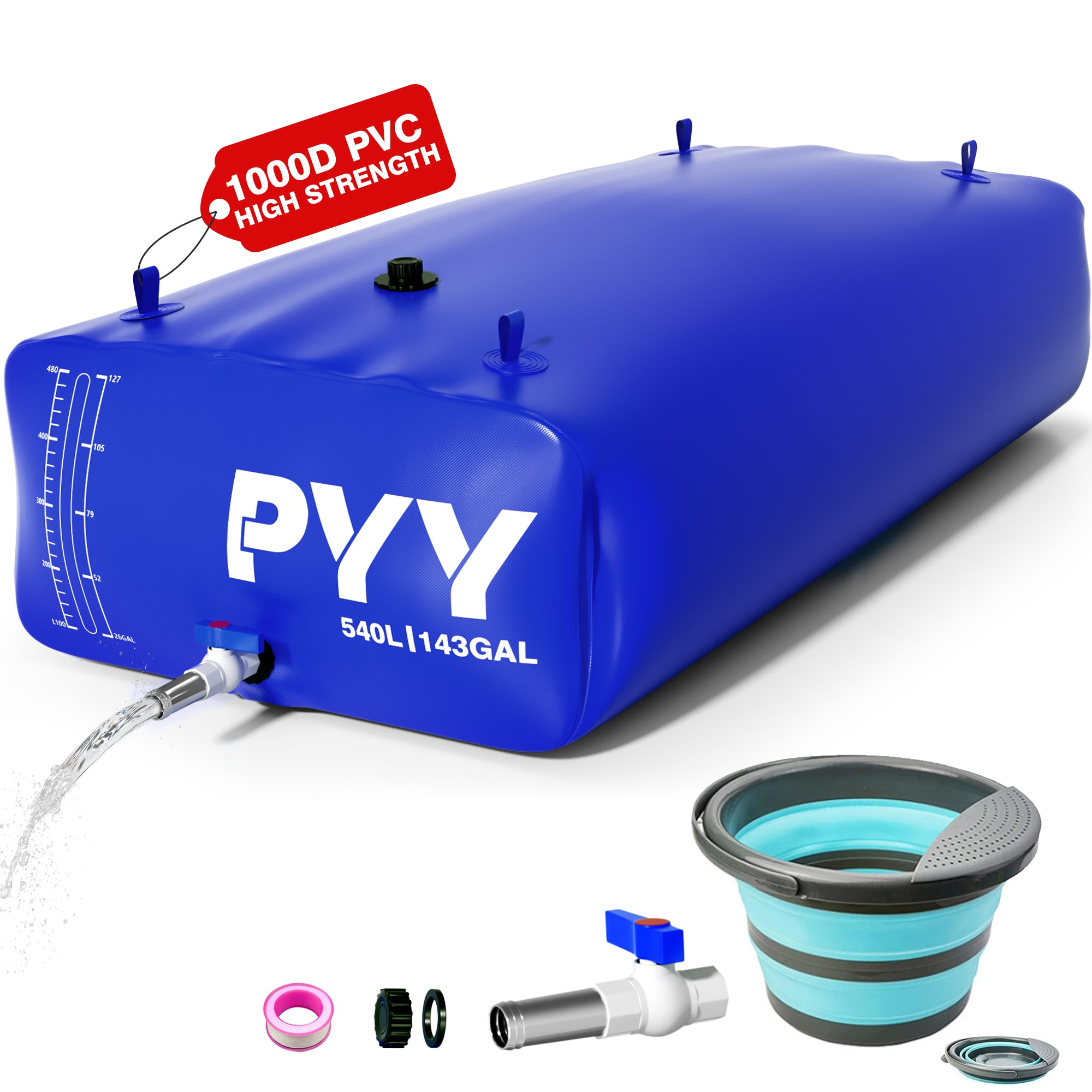 PYY Portable Water Bladder 143 Gallon for Truck Bed,Carrier Cart, Large Water Bob Bathtub Emergency Water Bladder for Outdoor RV & Car Camping,Water Storage Bladder with Spigot,Overflow Kit-Blue 540L