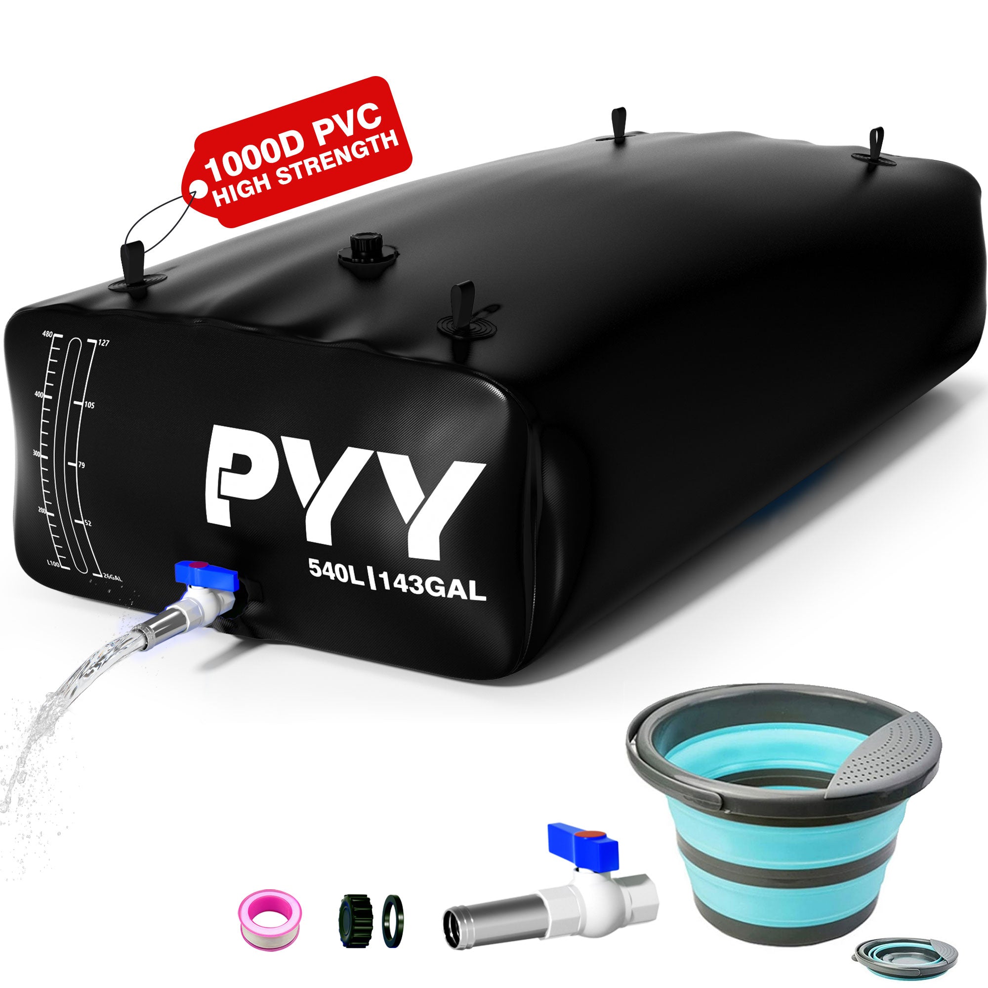 PYY Portable Water Bladder 143 Gallon for Truck Bed,Carrier Cart, Large Water Bob Bathtub Emergency Water Bladder for Outdoor RV & Car Camping,Water Storage Bladder with Spigot,Overflow Kit-Blue 540L