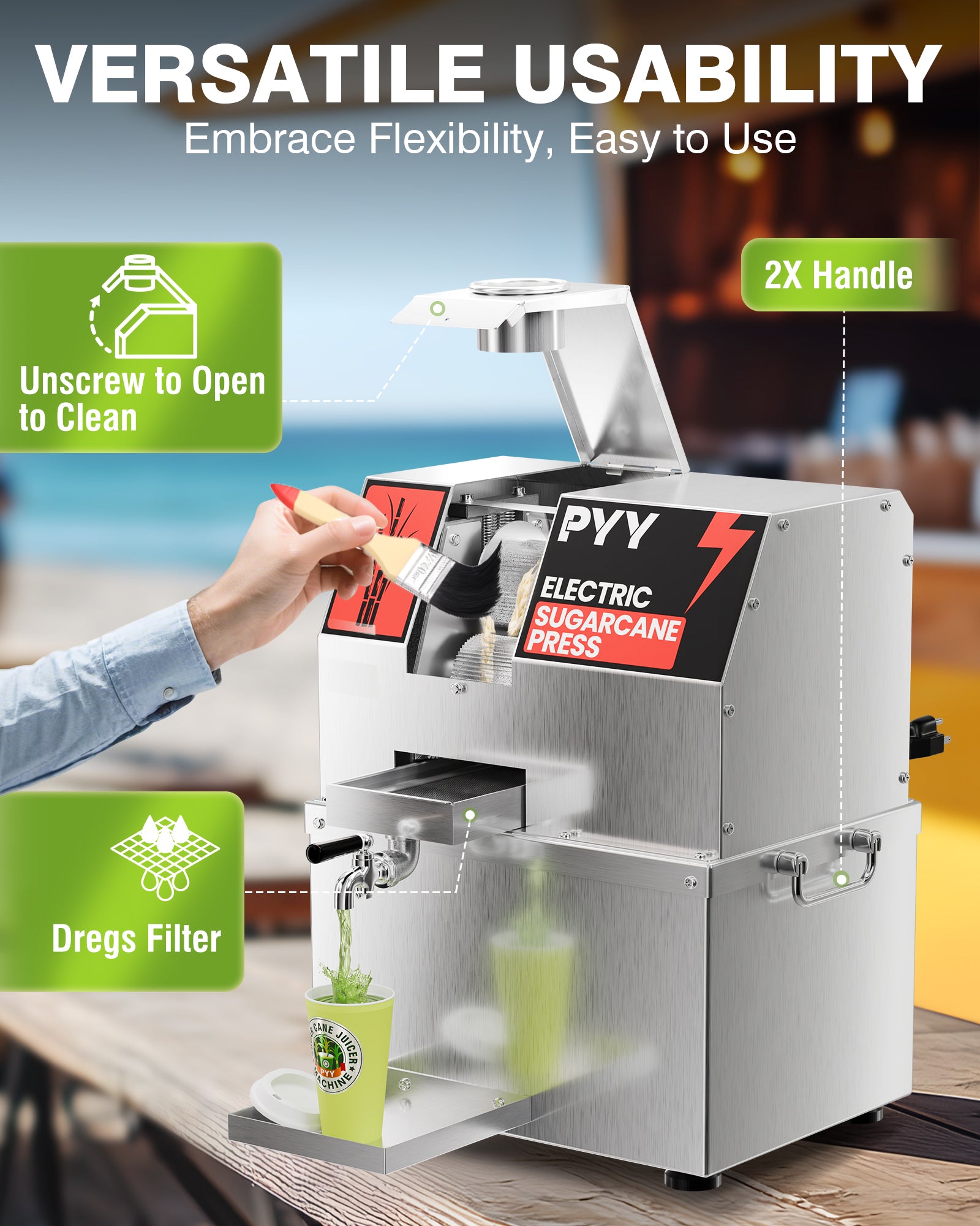 PYY Sugar Cane Juicer Machine - Commercial Countertop Electric 3-Rollers Sugarcane Juice Press Stainless Steel Washable Extractor, Guarapera de Caña de Azúcar Eléctrica w/ 2 Peelers, Brush, 600W