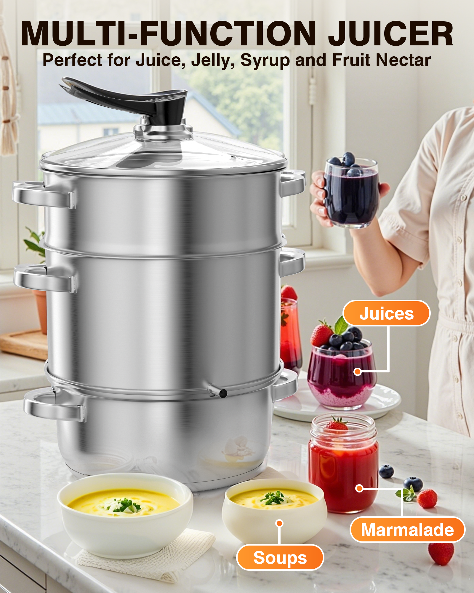 PYY Steam Juice Extractor - 11QT Fruit Vegetables Steam Juicer for Canning, 3-Layer Stainless Steel with Tempered Glass Lid, Hose, Jelly, Syrup, Clamp Steamer Juicer for Making Juice