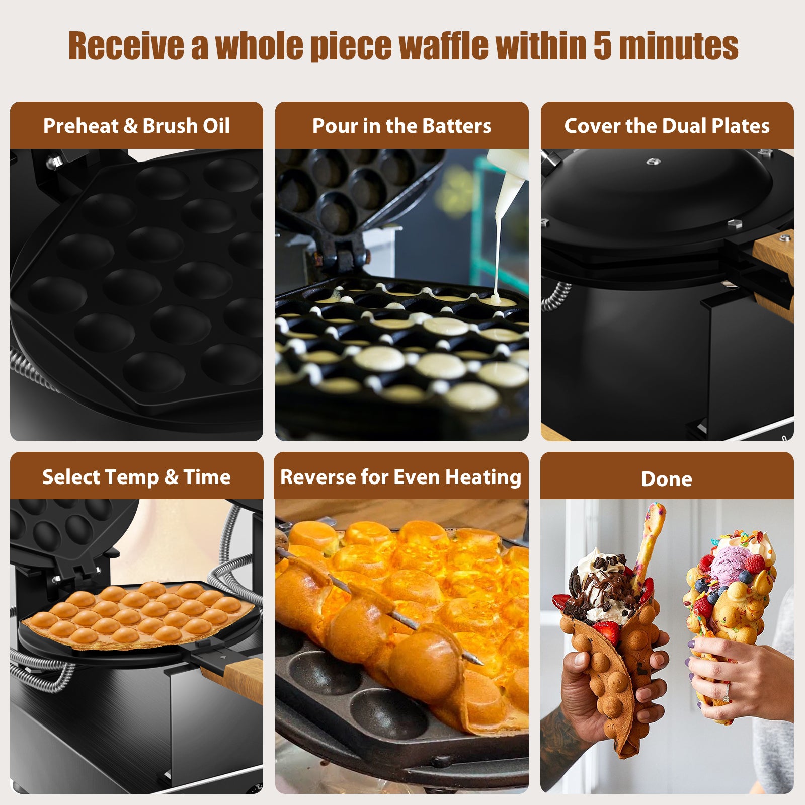 PYY Bubble Waffle Maker - Easy Clean，Double 180° Rotate, Non-stick, 1500W, 110V, 50-250℃, Commercial & Home Use, Stainless Steel