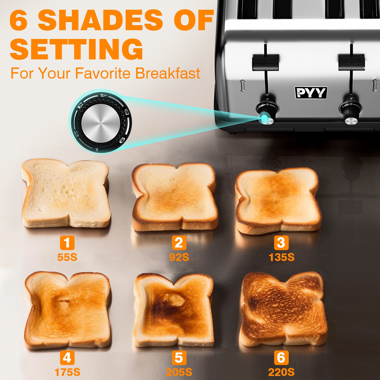 PYY 4 Slices Toaster Commercial - 225 Slices/Hour 1800W Pop Up Wide Slots 1.57 inch Stainless Steel 6-Level Setting, with Removable Crumb Tray, Bread, Bagels, Breakfast, Texas Toast, Restaurant
