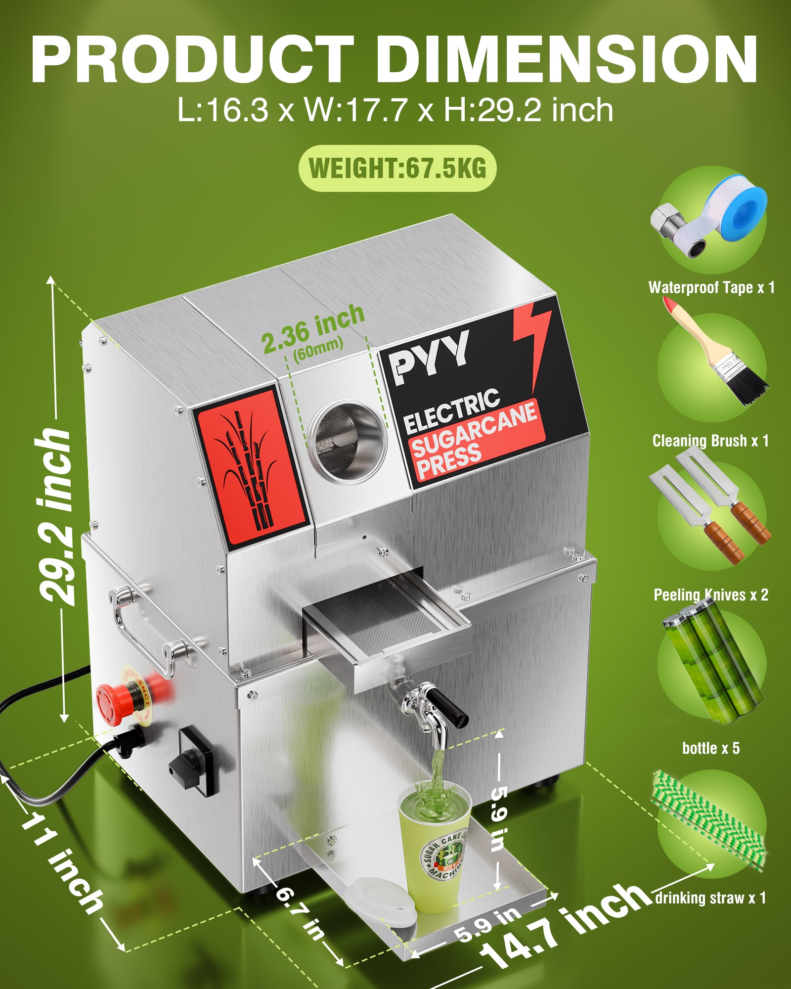 PYY Sugar Cane Juicer Machine - Commercial Countertop Electric 3-Rollers Sugarcane Juice Press Stainless Steel Washable Extractor, Guarapera de Caña de Azúcar Eléctrica w/ 2 Peelers, Brush, 600W