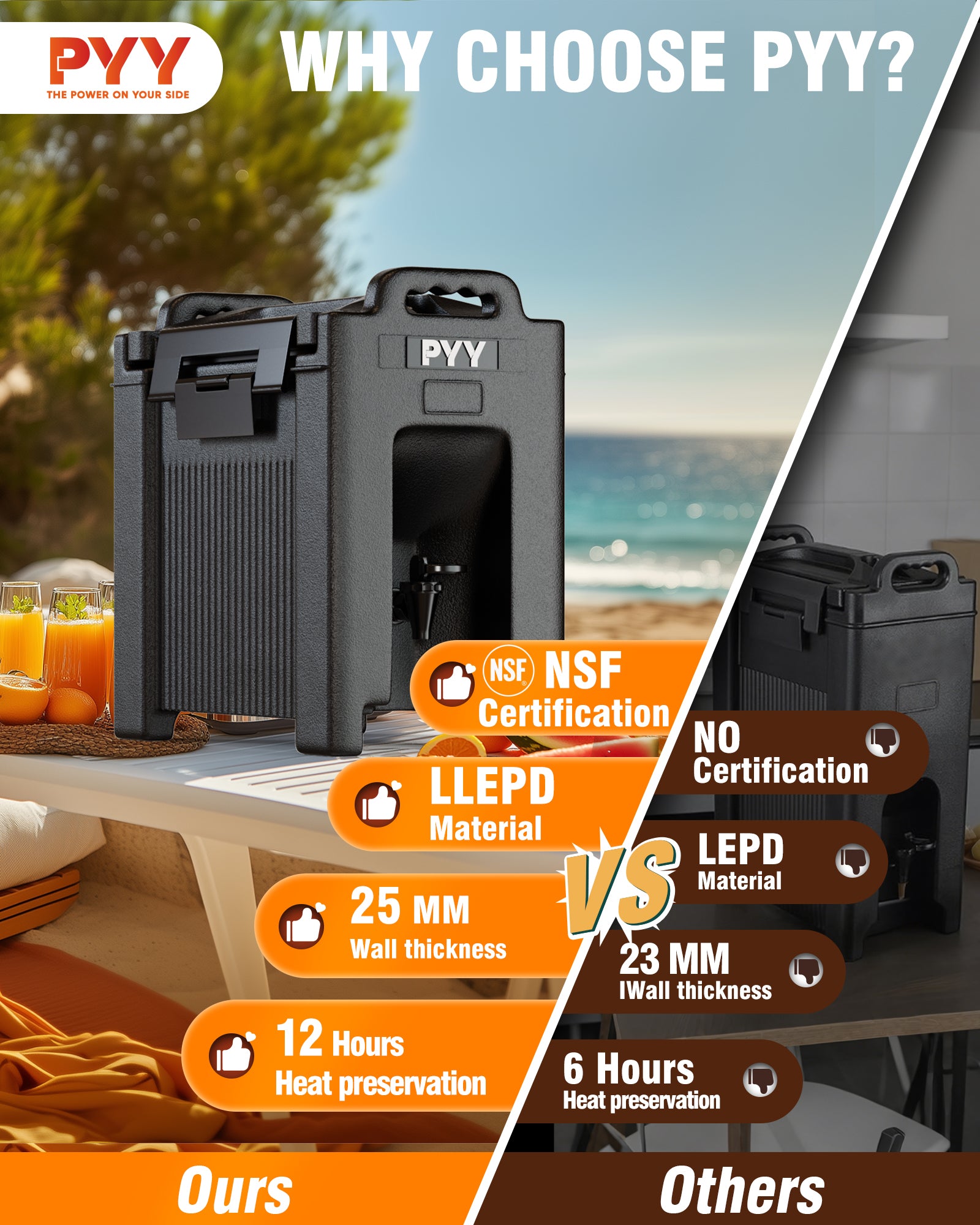 PYY Insulated Beverage Dispenser 2.5 Gallon,Hot and Cold Drink Container with Handles,Food-grade LLDPE Material,Thermal Drink Dispenser Cooler Server carrier For Commercial Catering and Gatherings