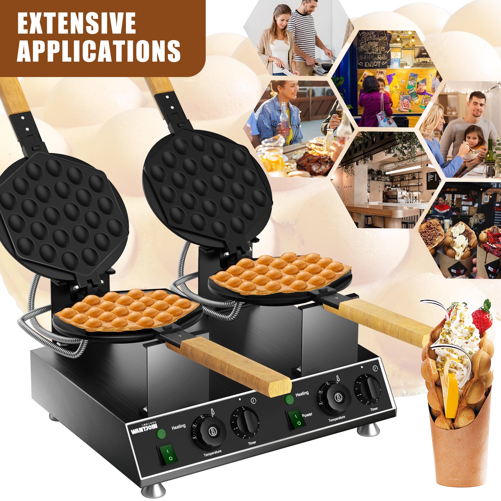 PYY Bubble Waffle Maker - Easy Clean，Double 180° Rotate, Non-stick, 1500W, 110V, 50-250℃, Commercial & Home Use, Stainless Steel