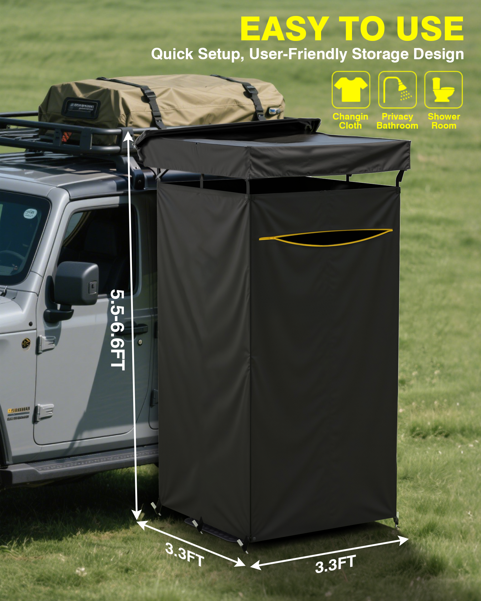 PYY Shower Awning- Awning Shower Tent with Roof Rack, Foldable Floor Mat, LED Light Strip, 3 Zippers for Safety & Access, Carside Bathroom for Outdoor Camping Traveling, 3.3ft*3.3ft*5.5ft