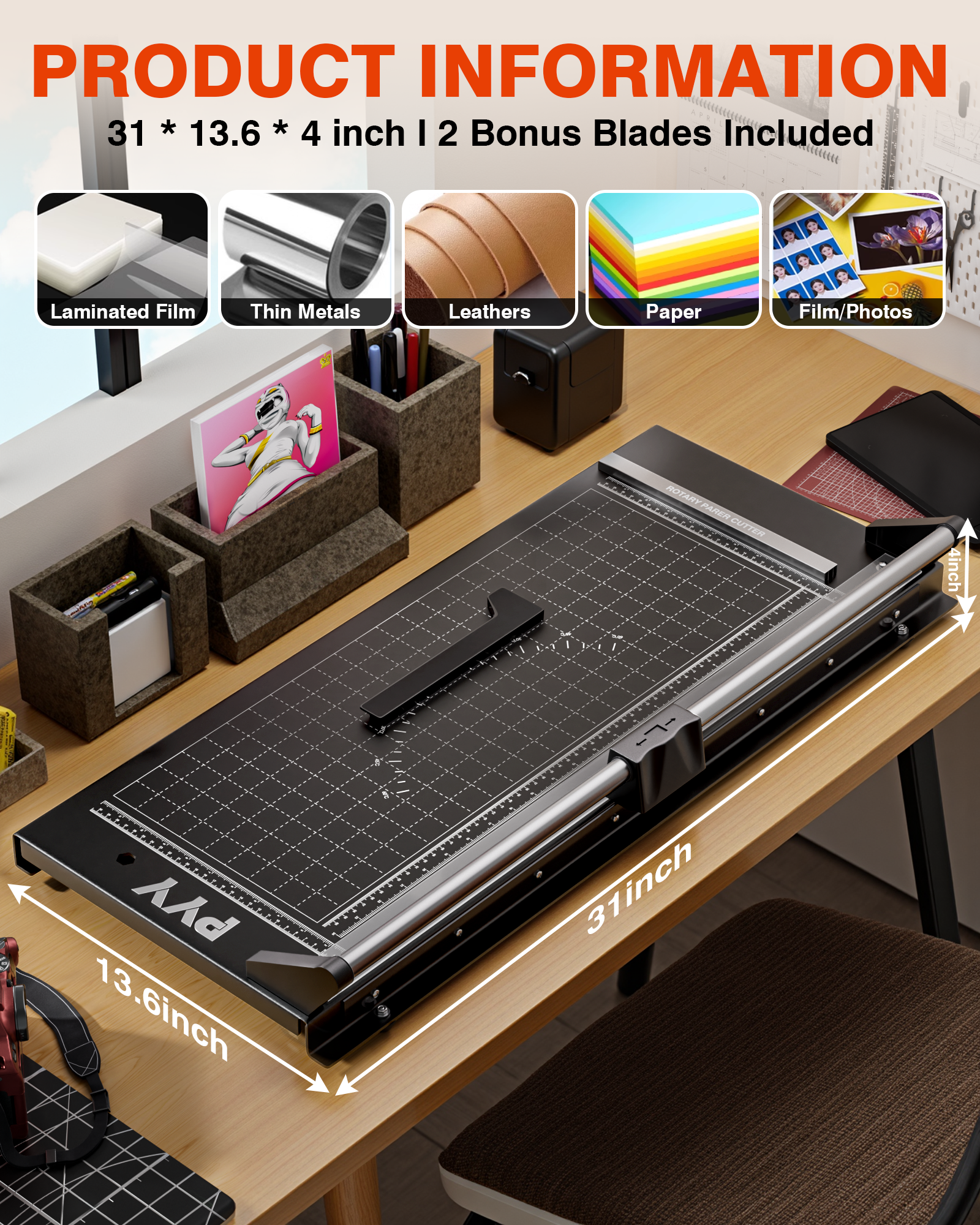 PYY Rotary Paper Cutter - Large Paper Cutter 24 Inch Cutting Length w/Measurement Grid Heavy Duty Self-Sharpening Blade Precision Trimmer for Poster Cardstock Cutting, Photo Trimming, Studio, Office