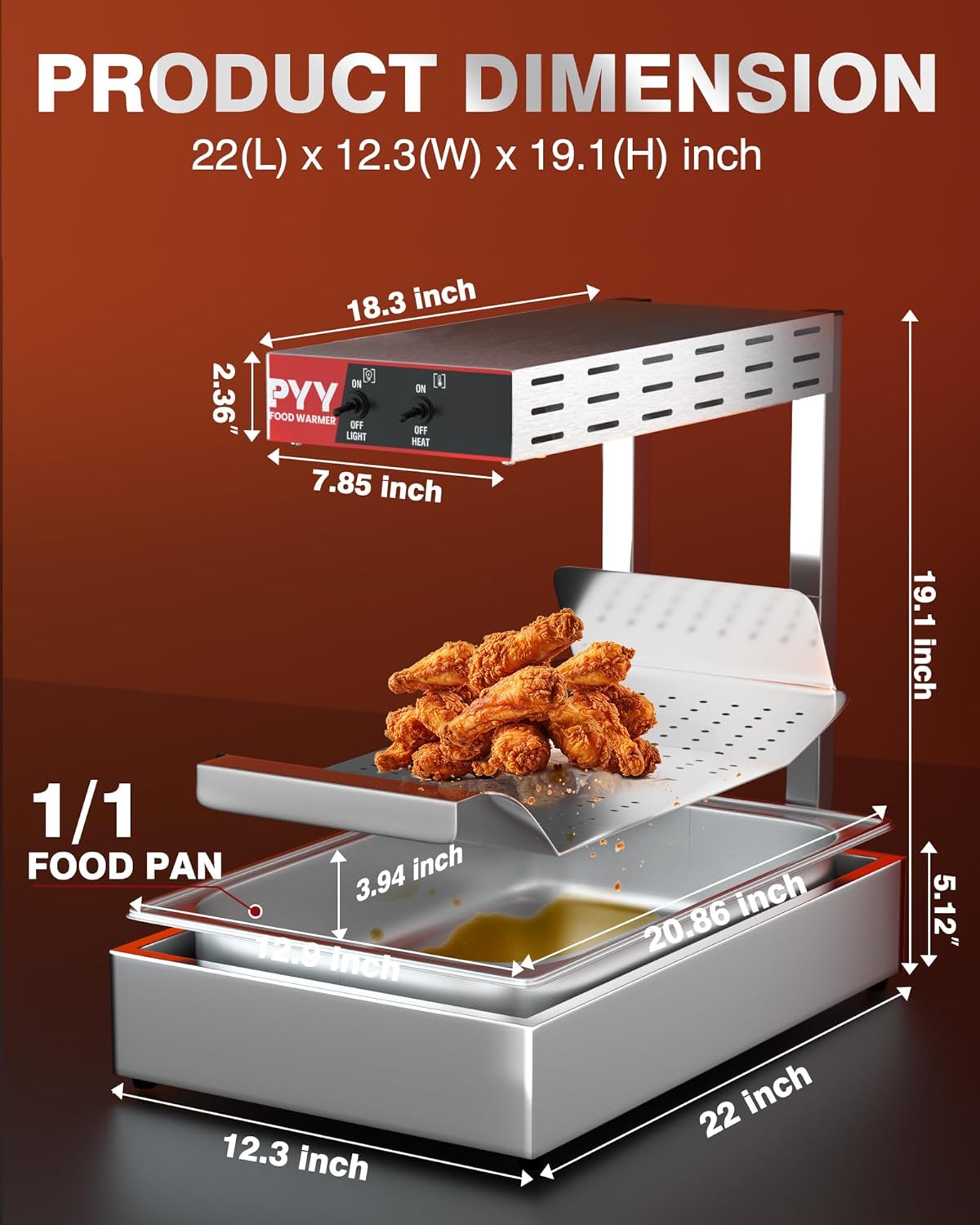 PYY French Fry Warmer - Upgrade Commercial Food Heat Lamp Fry Dump Station Chip Warmer Food Warmer Adjustable Height Temp 86°F-156°F Countertop Freestanding Food Truck Restaurant Buffet