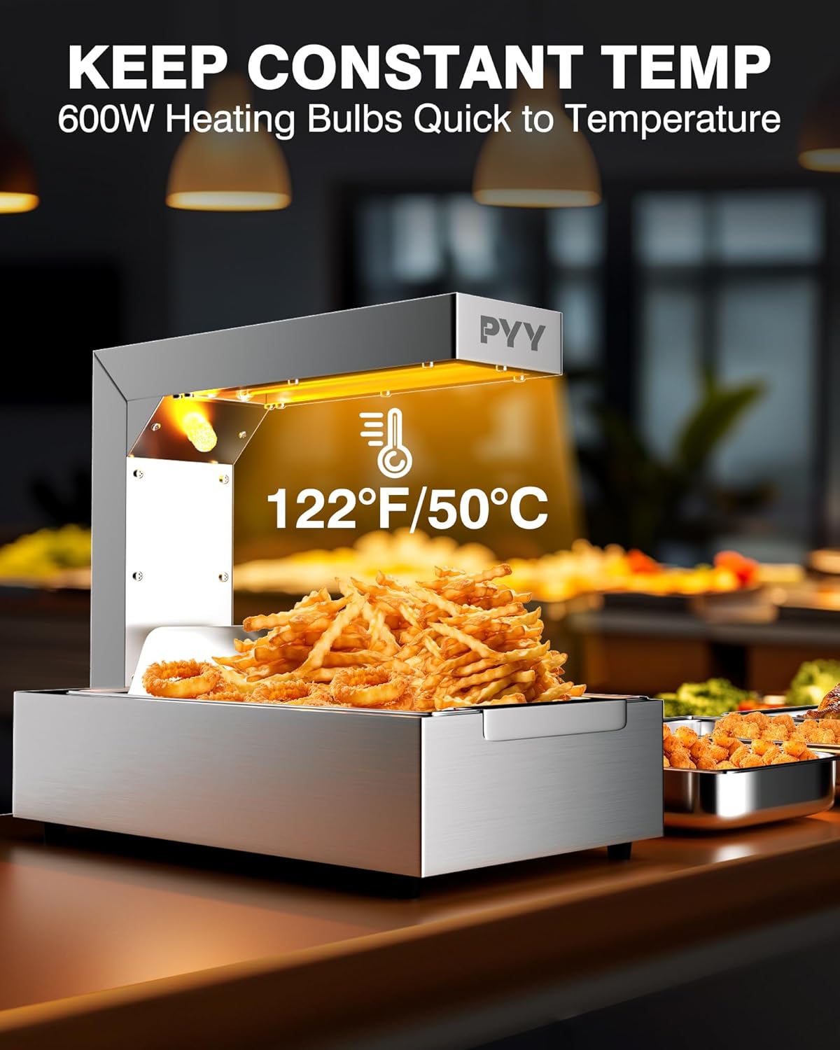 PYY French Fry Warmer - Commercial Food Heat Lamp 600W Food Warmer Light,Free-Standing Warming Dump Station Countertop Fries Food Warmer for Chips Churros Buffet Kitchen Restaurants