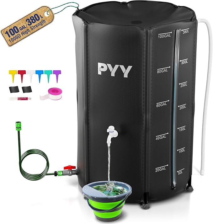PYY Rain Water Collection Barrel - 100 Gallon Water Storage Tank with Spigots, Portable Rain Catcher to Collect Rainwater from Gutter, Large Plastic Rain Catchment System with Collapsible Bucket