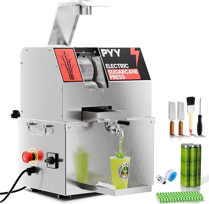 PYY Sugar Cane Juicer Machine - Commercial Countertop Electric 3-Rollers Sugarcane Juice Press Stainless Steel Washable Extractor, Guarapera de Caña de Azúcar Eléctrica w/ 2 Peelers, Brush, 600W