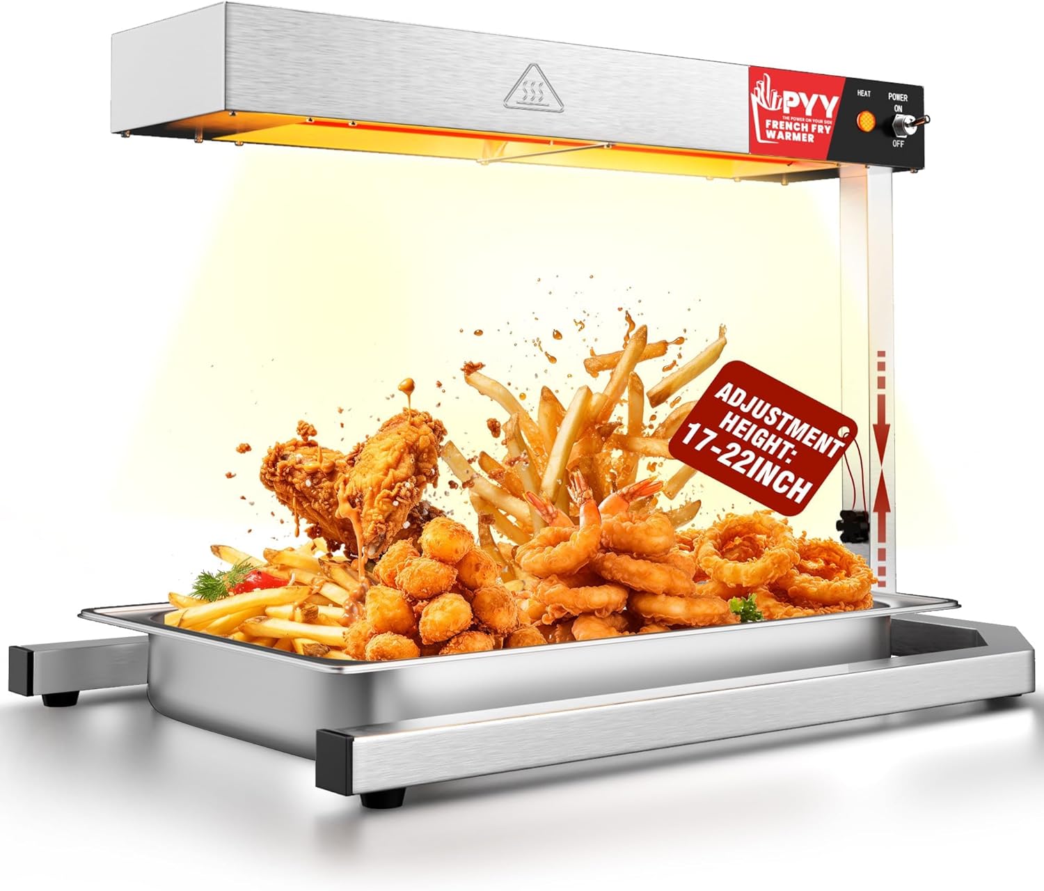 PYY Food Heat Lamp - Adjustable Height 500W French Fry Warmer with U Shape Base Stand, Stainless Steel Commercial Fry Warmer for French Fries Electric Heating Radiation, Silver