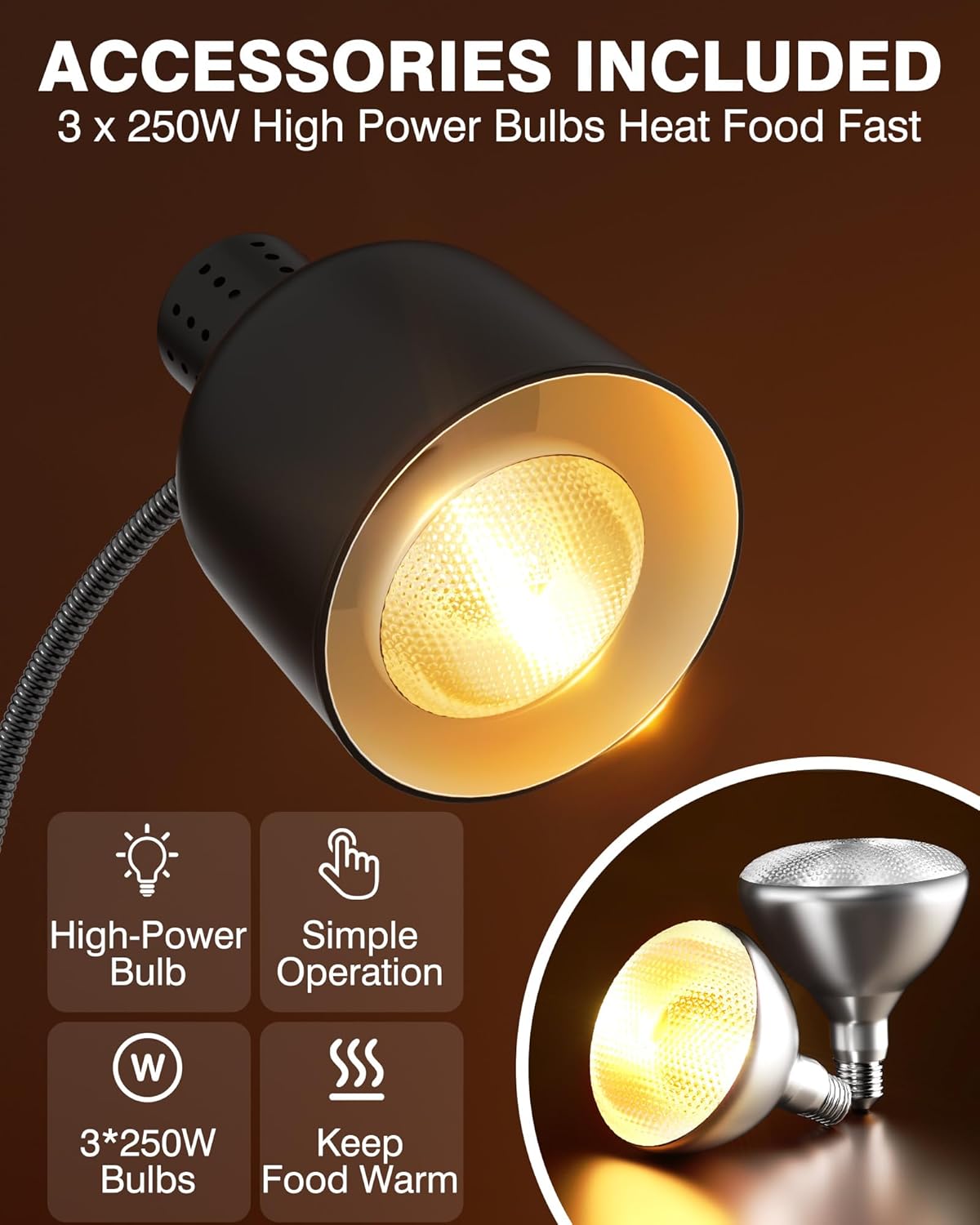 PYY Commercial Food Warmer - 2-Head Electric Heating Lamp 500W Stainless Steel Food Warmer Lamp Catering Food Warming Lamp w/Spare Bulb for Catering Kitchen Food Service Restaurant Cafeteria