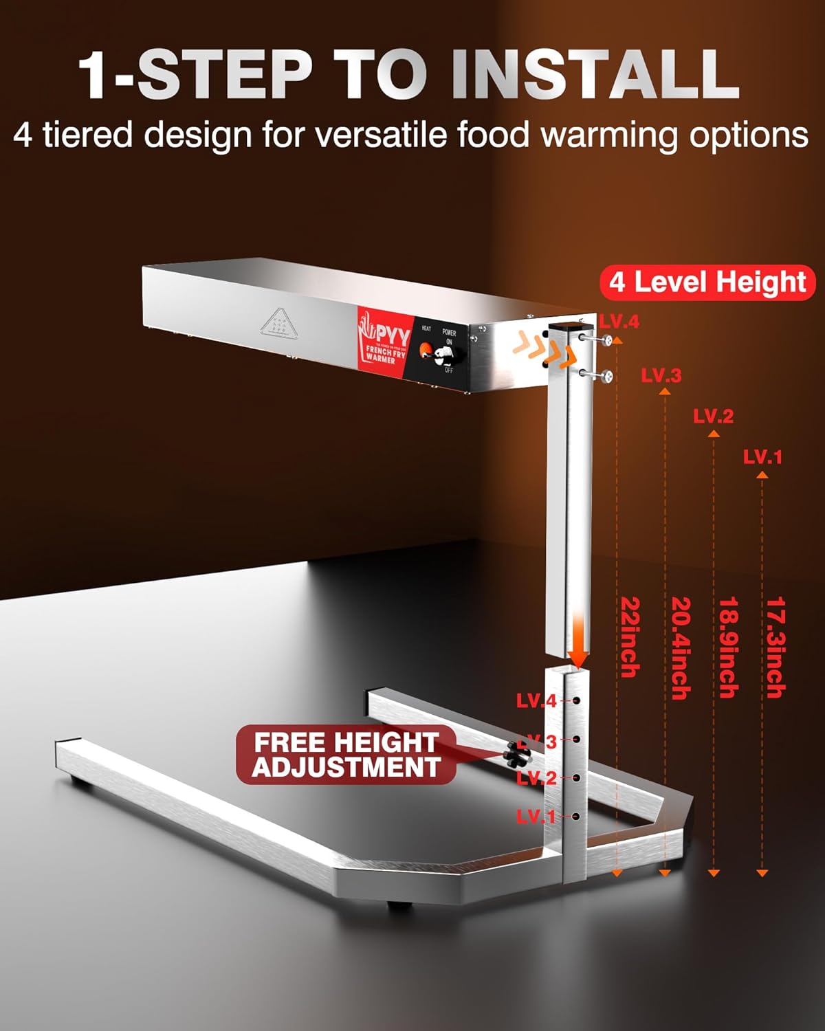 PYY Food Heat Lamp - Adjustable Height 500W French Fry Warmer with U Shape Base Stand, Stainless Steel Commercial Fry Warmer for French Fries Electric Heating Radiation, Silver