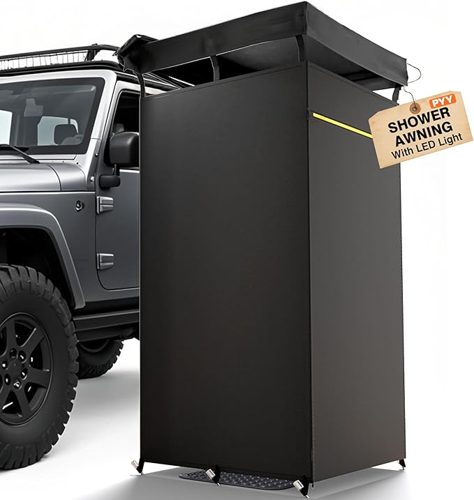 PYY Shower Awning- Awning Shower Tent with Roof Rack, Foldable Floor Mat, LED Light Strip, 3 Zippers for Safety & Access, Carside Bathroom for Outdoor Camping Traveling, 3.3ft*3.3ft*5.5ft