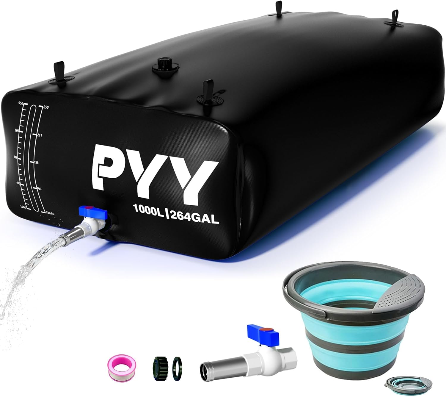 PYY Portable Water Bladder 264 Gallon for Truck Bed,Carrier Cart, Large Water Bob Bathtub Emergency Water Bladder for Outdoor RV Car Camping,Water Storage Bladder with Spigot,Overflow Kit-Black 1000L