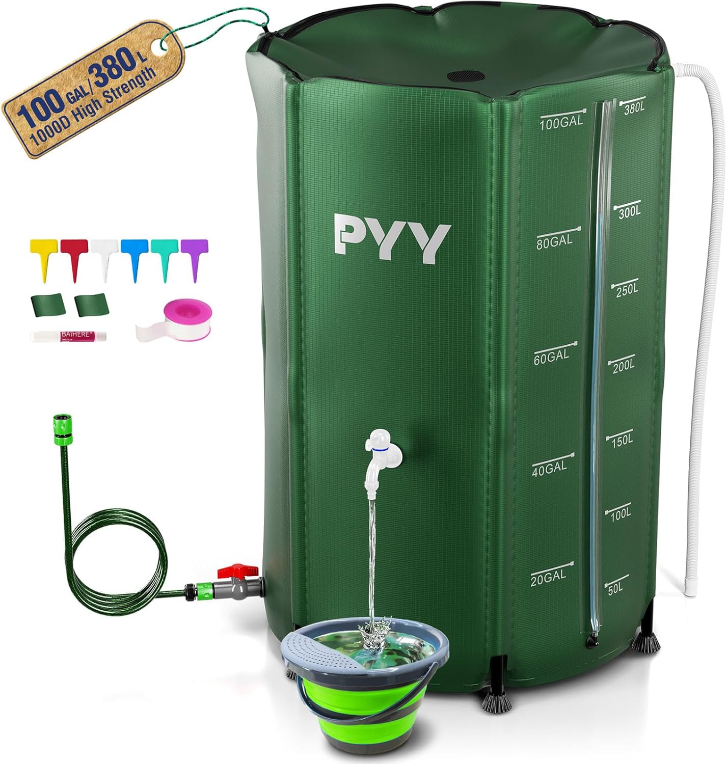 PYY Rain Water Collection Barrel - 132 Gallon Black Water Storage Tank with Spigot, Hose and Portable Bucket, Large Plastic Collapsible Rain Catcher Catchment System to Collect Rainwater from Gutter