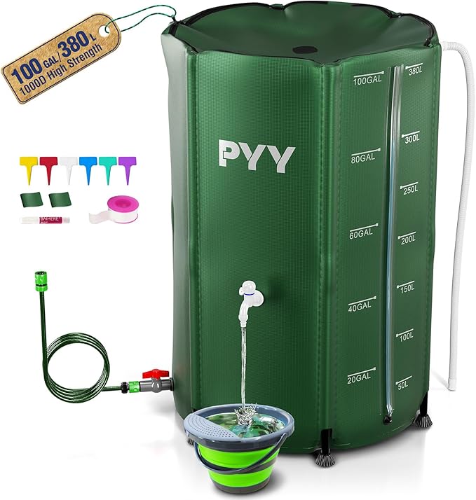 PYY Rain Water Collection Barrel - 100 Gallon Water Storage Tank with Spigots, Portable Rain Catcher to Collect Rainwater from Gutter, Large Plastic Rain Catchment System with Collapsible Bucket