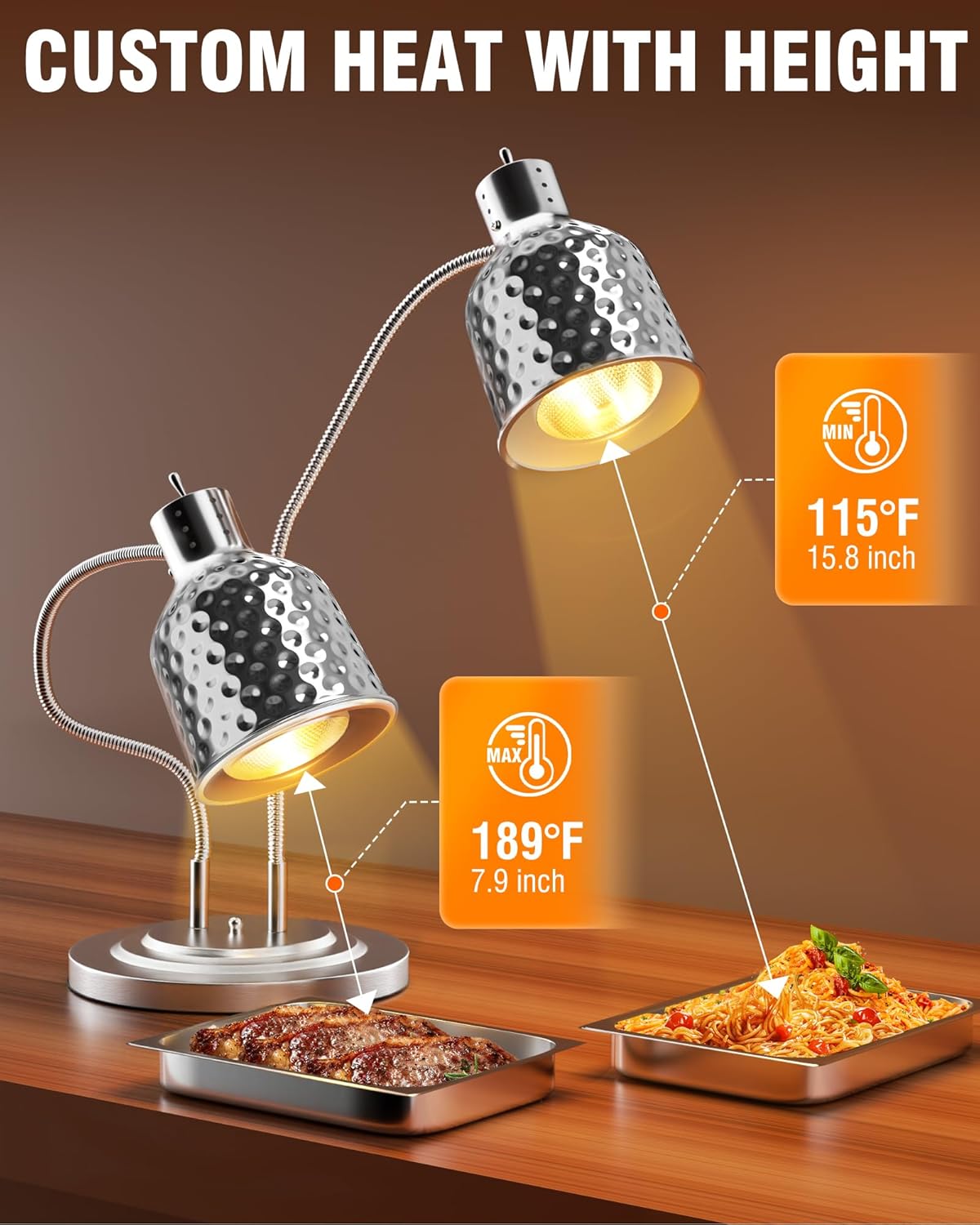 Commercial Food Warmer - 2-Head Electric Heating Lamp ETL Listed 500W Stainless Steel Food Warmer Lamp Catering Food Warming Lamp for Catering Kitchen Food Service Restaurant Buffet Cafeteria