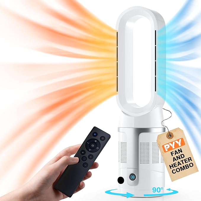 PYY Heater and Fan Combo - Bladeless Tower Fan and Heater Combo 90¡« Oscillating All Season Fan and Heater Combo w/ 8 Speeds, Heater Temp Control, 8H Timer, Quiet Heater Fan Combo for Indoor Use