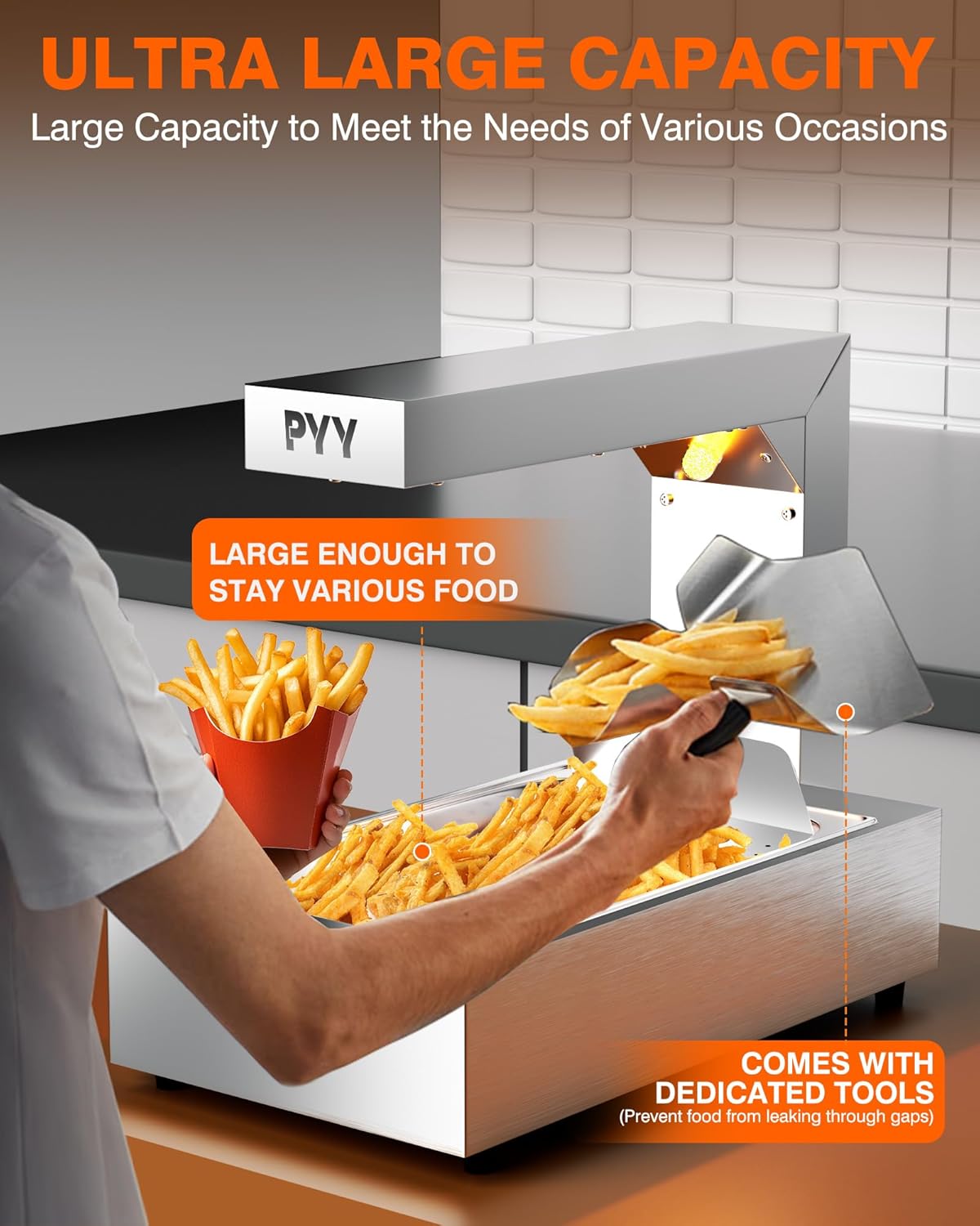 PYY French Fry Warmer - Commercial Food Heat Lamp 600W Food Warmer Light,Free-Standing Warming Dump Station Countertop Fries Food Warmer for Chips Churros Buffet Kitchen Restaurants