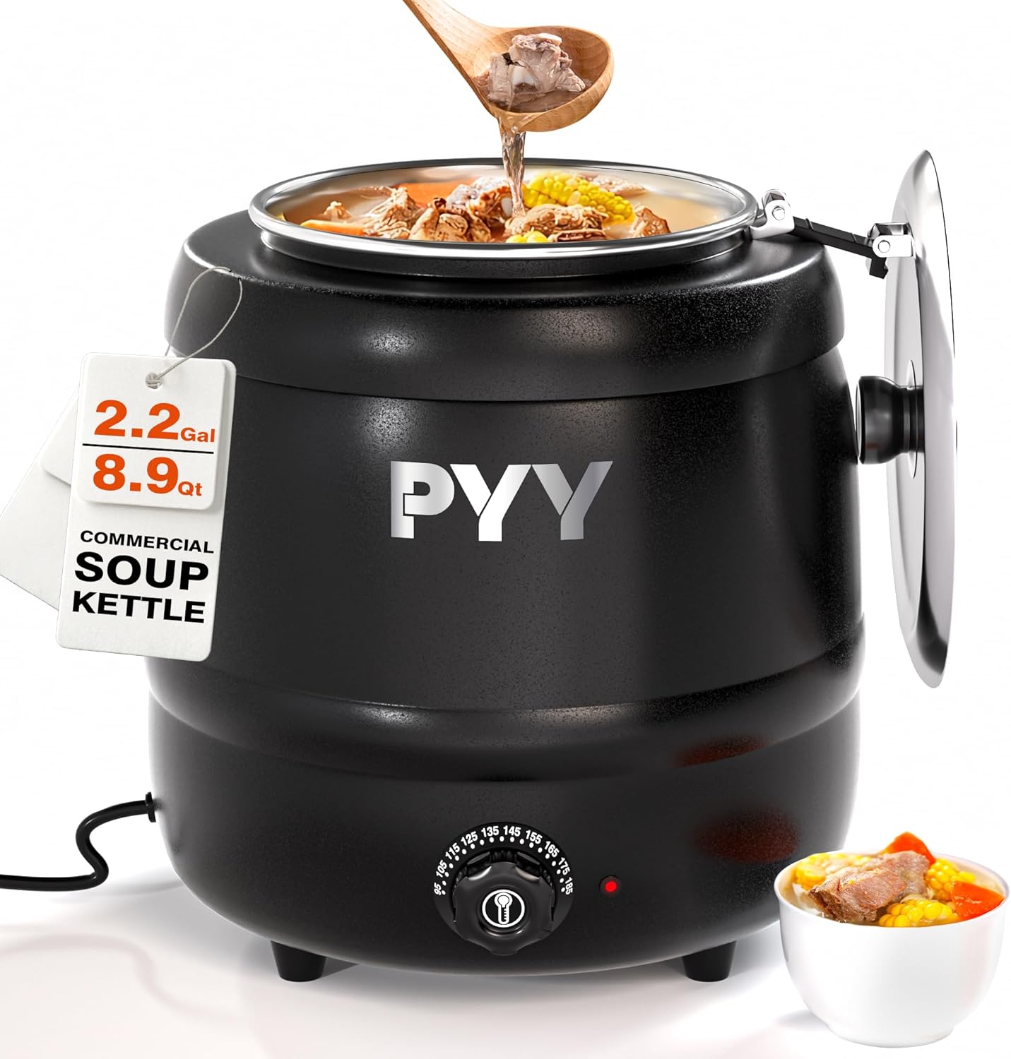PYY Commercial Soup Kettle - Soup Warmers with Lid, Countertop Electric Soup Pot,Detachable Stainless Steel Insert Pot for Parties Restaurant Buffet Big Family, Black