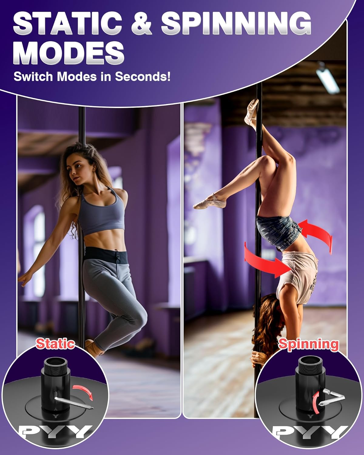 Dance Pole for Home - Adjustable & Portable Dancing Pole for Gym Studio Pub, Chrome Finish, Spinning & Static Modes, No Drilling Required, Remote LED Lights, Fits 88"-108" Ceilings, 45mm, Black
