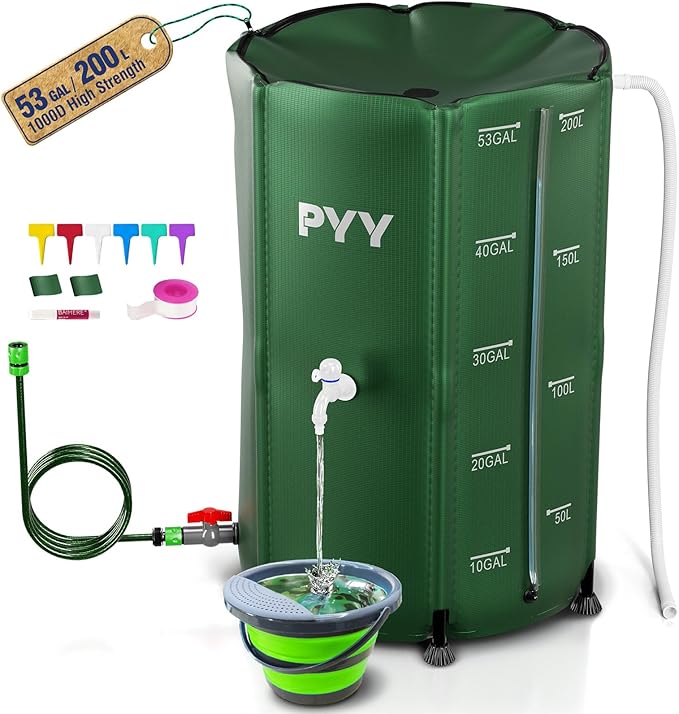 PYY Rain Water Collection Barrel - 53 Gallon Black Water Storage Tank with Spigot, Hose and Portable Bucket, Large Plastic Collapsible Rain Catcher Catchment System to Collect Rainwater from Gutter