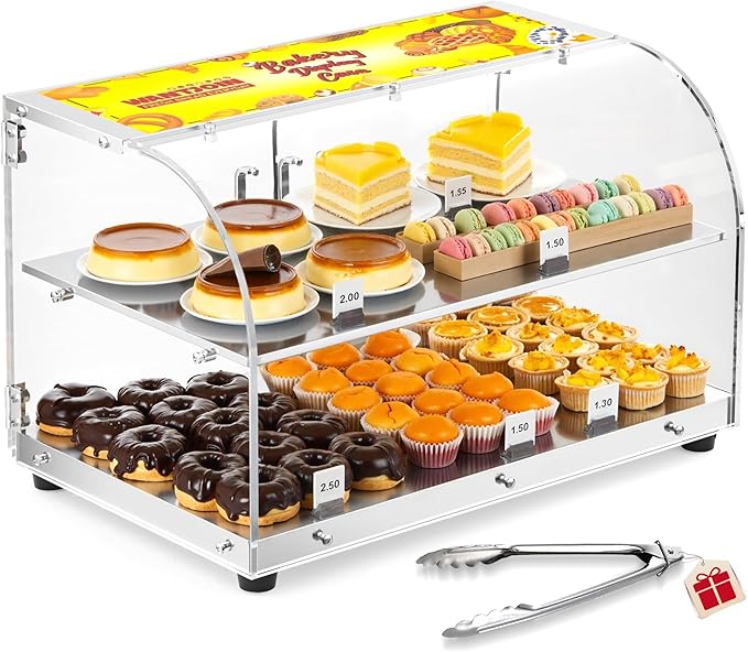 Pastry Display Case - 22" Bakery Display Case 2-Layer Acrylic Pastry Display Case Countertop with Stainless Steel Shelves & Base, 2 Magnetic Rear Doors