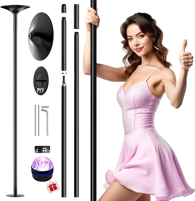 PYY Dance Pole for Home - Adjustable & Portable Dancing Pole for Gym Studio Pub, 45mm Chrome Finish, Spinning & Static Modes, No Drilling Required, Remote LED Lights, Fits 88"-108" Ceilings