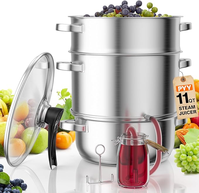 PYY Steam Juice Extractor - 11QT Fruit Vegetables Steam Juicer for Canning, 3-Layer Stainless Steel with Tempered Glass Lid, Hose, Jelly, Syrup, Clamp Steamer Juicer for Making Juice