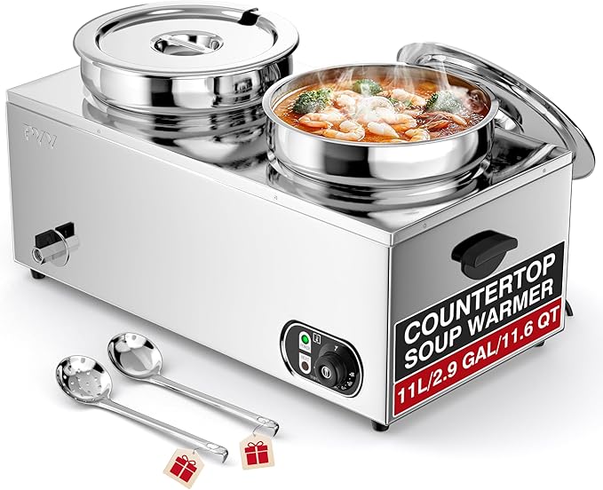 PYY Commercial Electric Soup Warmer - Dual 11.6QT Stainless Steel Bain Marie Station with 2-Pot Steam Table, Adjustable Temperature (86-185°F) for Restaurants, Buffets, Catering & Food Service