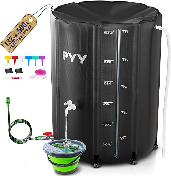 PYY Rain Water Collection Barrel - 132 Gallon Black Water Storage Tank with Spigot, Hose and Portable Bucket, Large Plastic Collapsible Rain Catcher Catchment System to Collect Rainwater from Gutter