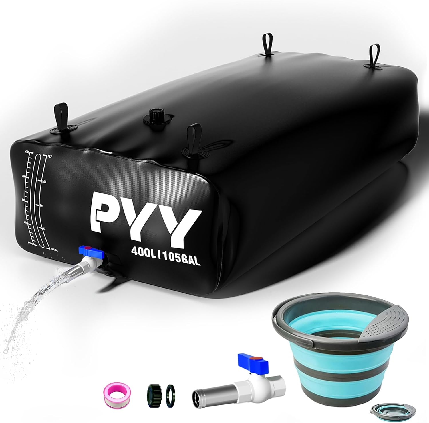 PYY Portable 105 Gallon Water Bladder - Truck Bed,Carrier Cart Large Water Bob Bathtub Emergency Water Bladders for Outdoor RV & Car Camping,Water Bladder Tank with Spigot,Overflow Kit-Black 400L