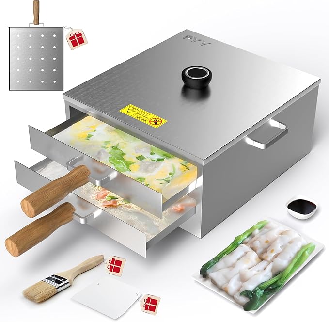 PYY Rice Noodle Roll Steamer Machine - 2 Layers 3 Trays Chinese Cantonese Cheung Fun Changfen Maker for Commercial and Home Use with Extra Stainless Steel Holed Steam Tray and Long Wooden Handle