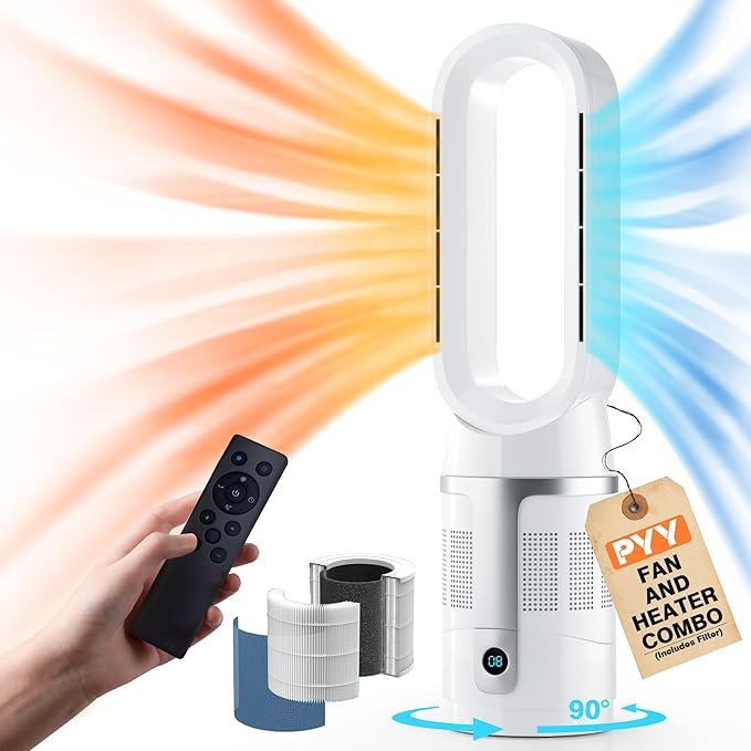 PYY Heater and Fan Combo - Bladeless Tower Fan and Heater Combo 90¡« Oscillating All Season Fan and Heater Combo w/ 8 Speeds, Heater Temp Control, 8H Timer, Quiet Heater Fan Combo for Indoor Use