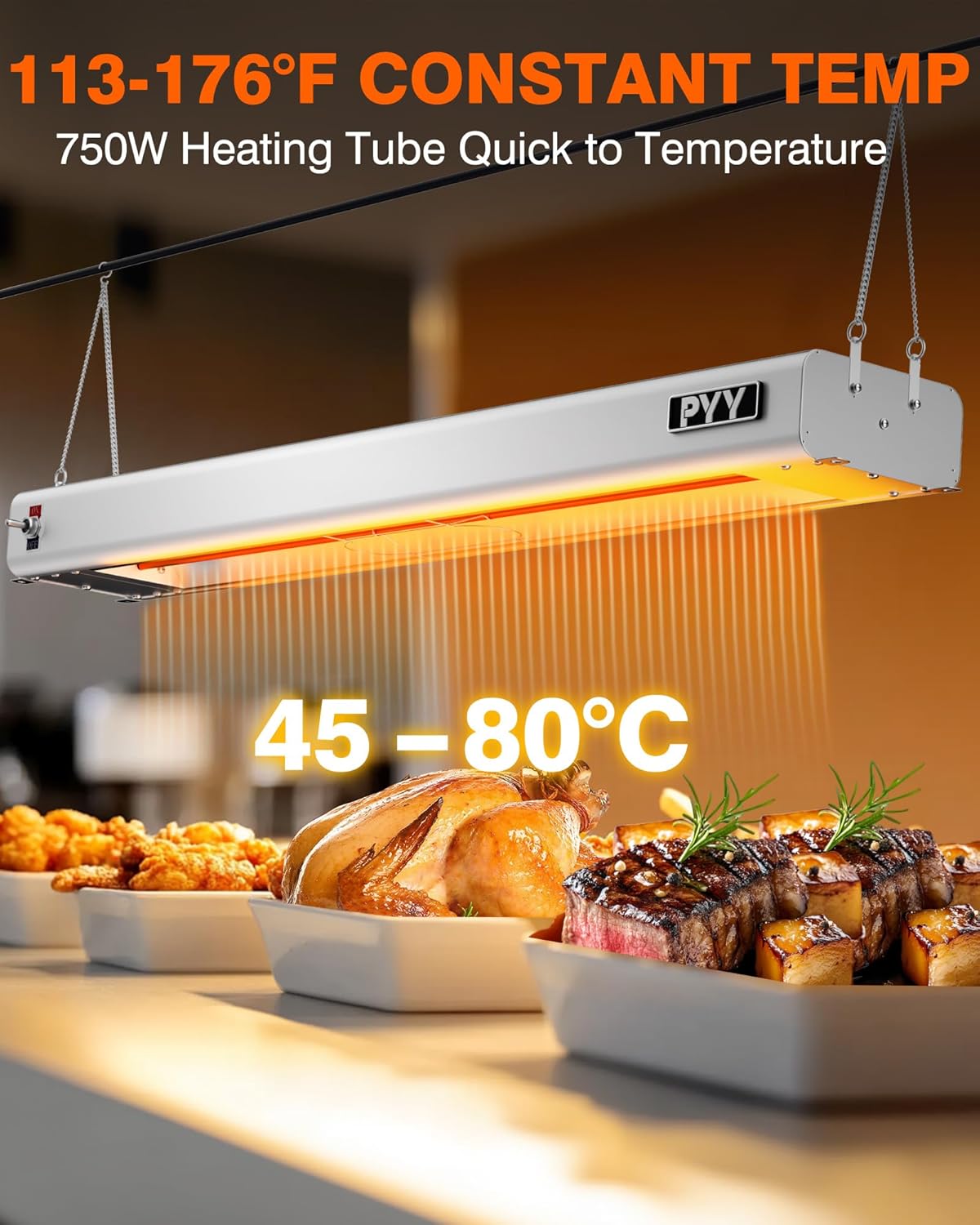 PYY 35-Inch Commercial Grade Overhead Food Heat Lamp – 750W Aluminum Infrared Strip Heater, Electric Food Warmer Light for Restaurant, Buffet, Catering Kitchen