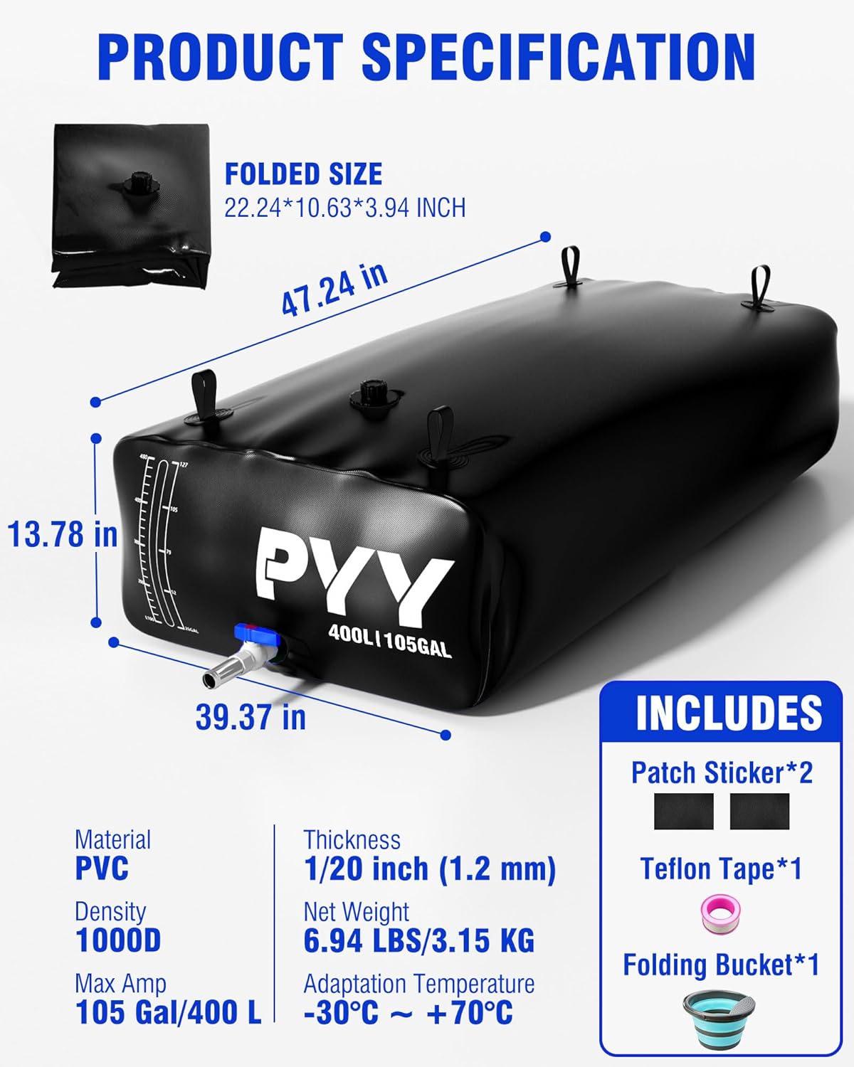 PYY Portable 105 Gallon Water Bladder - Truck Bed,Carrier Cart Large Water Bob Bathtub Emergency Water Bladders for Outdoor RV & Car Camping,Water Bladder Tank with Spigot,Overflow Kit-Black 400L
