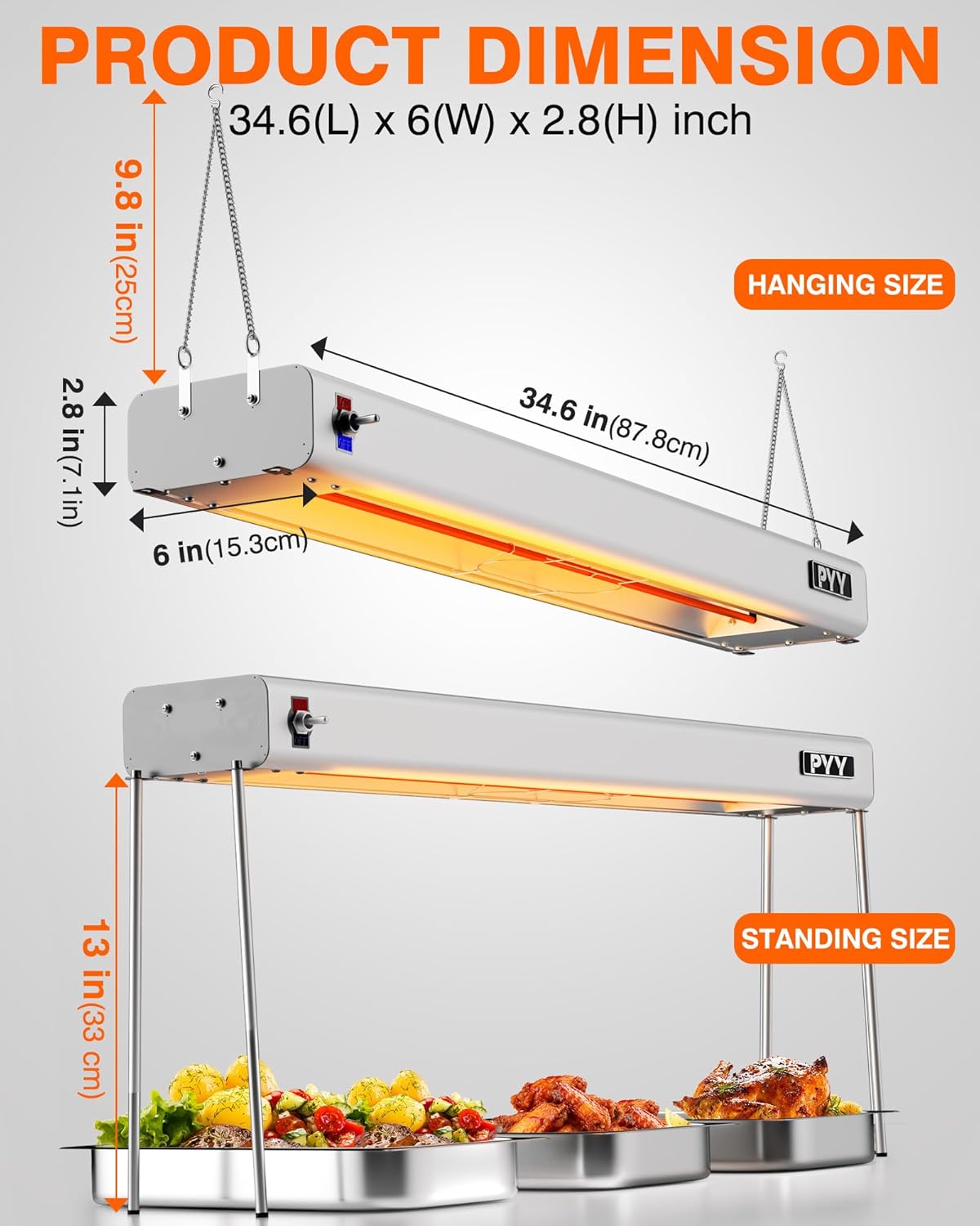 PYY 35-Inch Commercial Grade Overhead Food Heat Lamp – 750W Aluminum Infrared Strip Heater, Electric Food Warmer Light for Restaurant, Buffet, Catering Kitchen