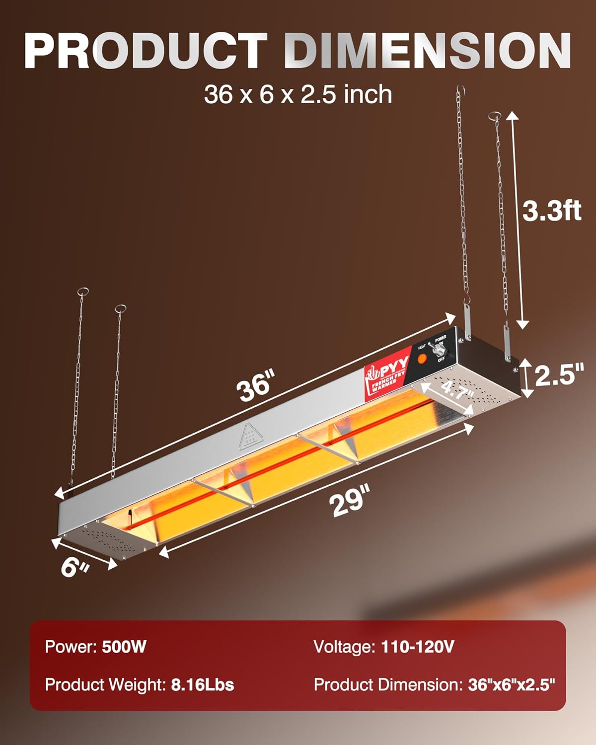 PYY Food Heat Lamp Strip - Commercial Food Heating Warmer, 500W Hanging Stainless Steel Electric Strip Heater, Food Service Restaurant