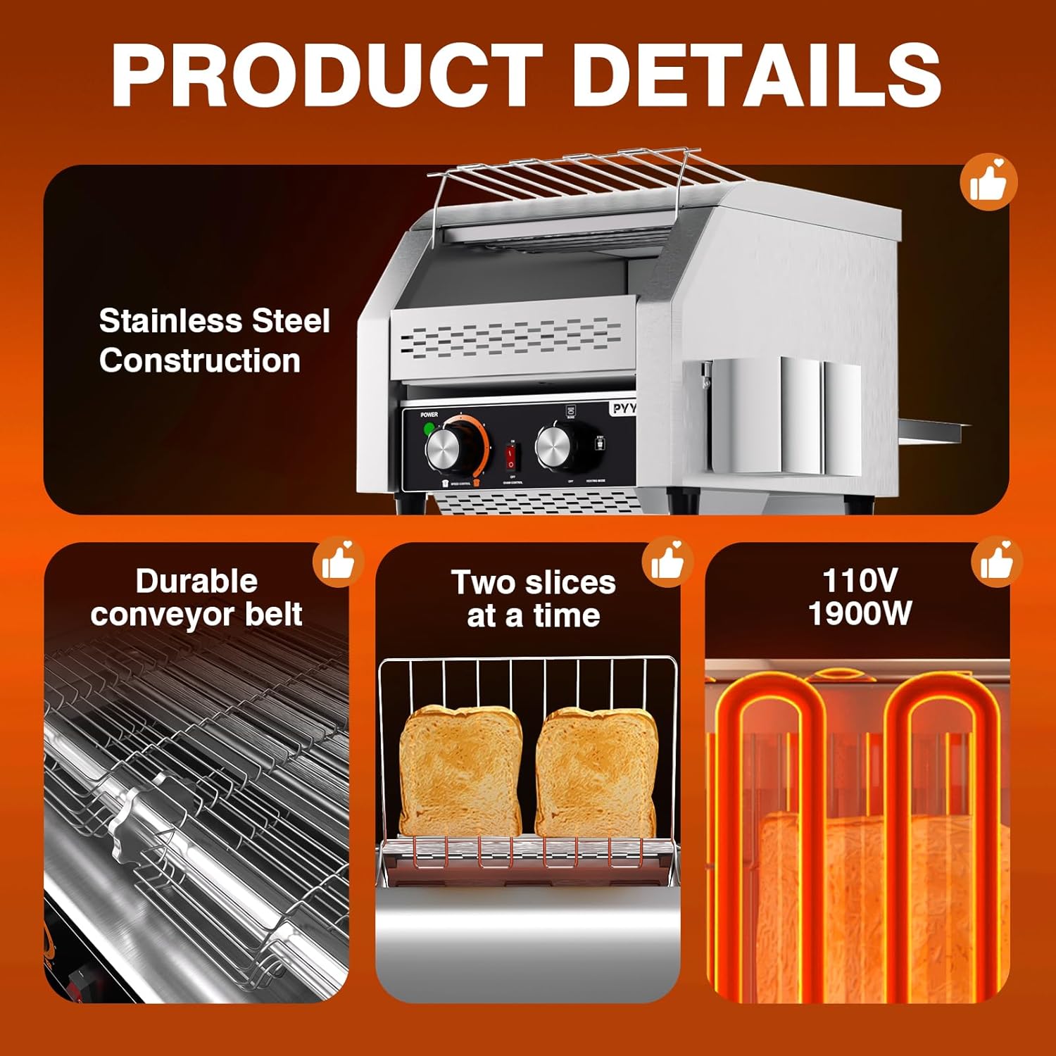 PYY Commercial Conveyor Toaster - 300 Slices/Hour Restaurant Conveyor Toaster for Bun Bagel Bread, Heavy Duty Stainless Steel 1900W, 110V