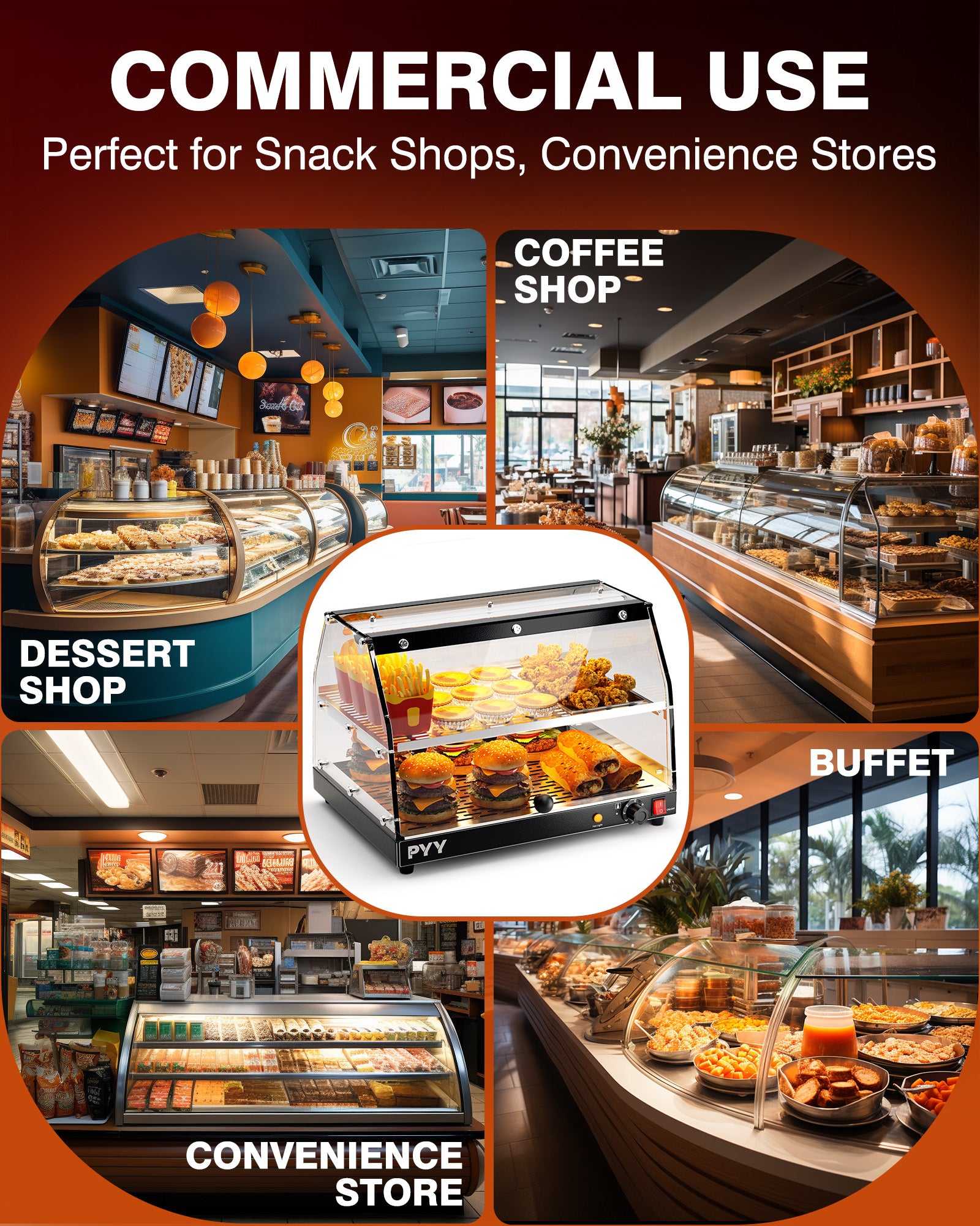 PYY Commercial Food Warmer Display - 2-Tier Adjustable Shelf Pastry Disaplay Case Pretzel Warmer Machine, Countertop Food Warmer with LED Lighting, for Hamburger, Pizza, Bread, Fried Chicken