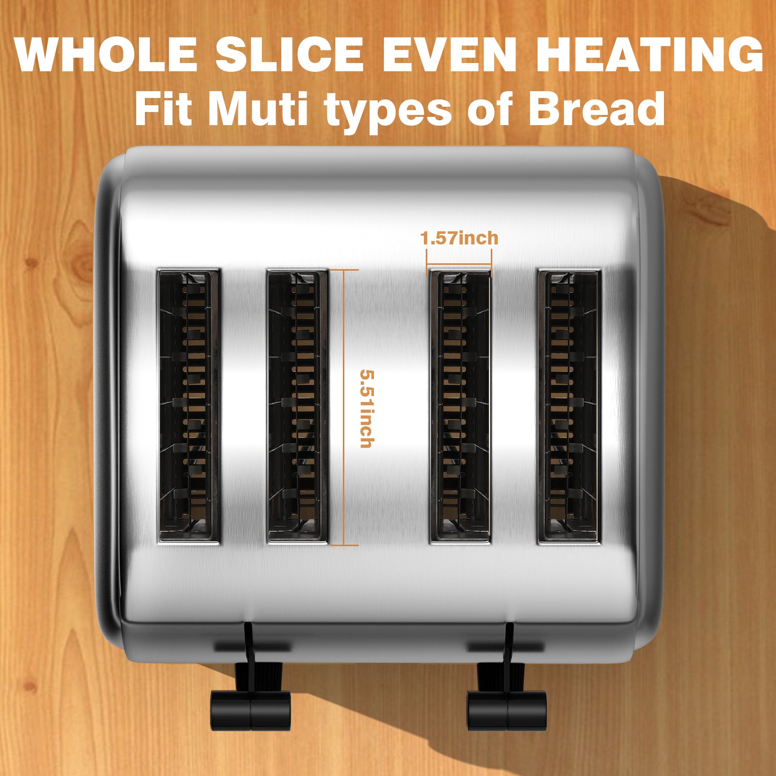 PYY 4 Slices Toaster Commercial - 225 Slices/Hour 1800W Pop Up Wide Slots 1.57 inch Stainless Steel 6-Level Setting, with Removable Crumb Tray, Bread, Bagels, Breakfast, Texas Toast, Restaurant