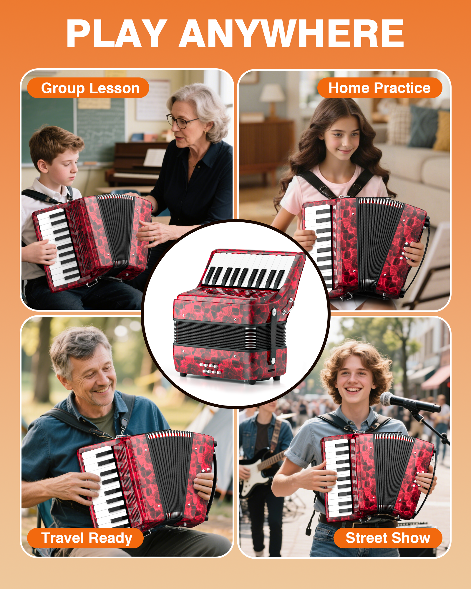 22 Key Piano Accordion - 8 Bass 22-key Accordeon Musical Instrument, Easy Learning, Premium Maple Wood & Leather Bellows, Acordeones para Adultos w/Straps & Backpack for Beginners Students Adults