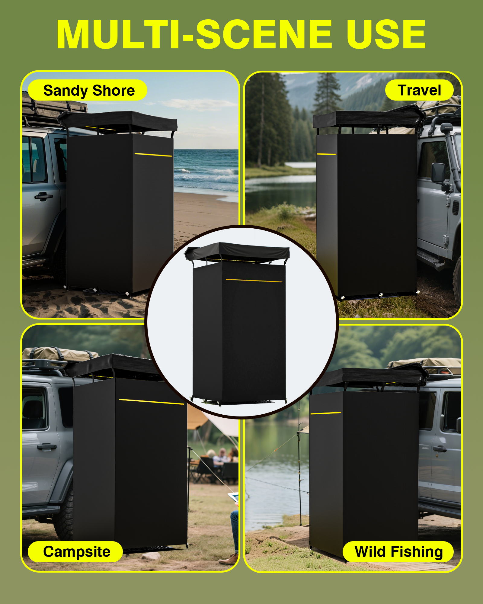 PYY Shower Awning- Awning Shower Tent with Roof Rack, Foldable Floor Mat, LED Light Strip, 3 Zippers for Safety & Access, Carside Bathroom for Outdoor Camping Traveling, 3.3ft*3.3ft*5.5ft